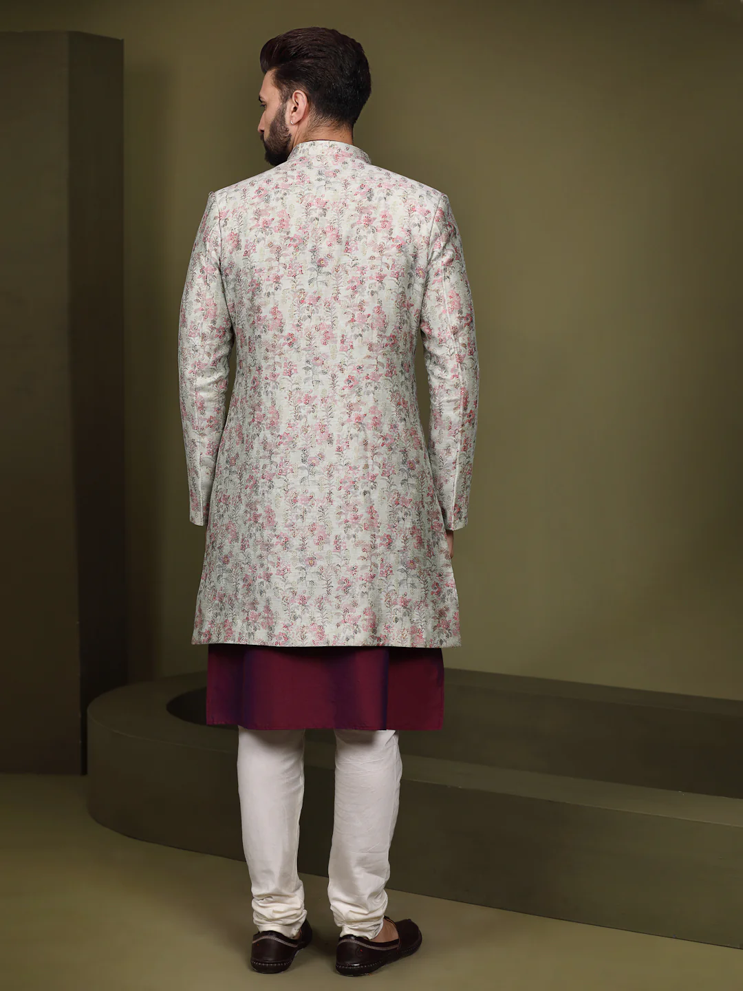 Ivory Silk Blend Indo-Western Sherwani Jacket with Floral Jacquard Design â€“ Wedding & Reception Outfit - Image 5