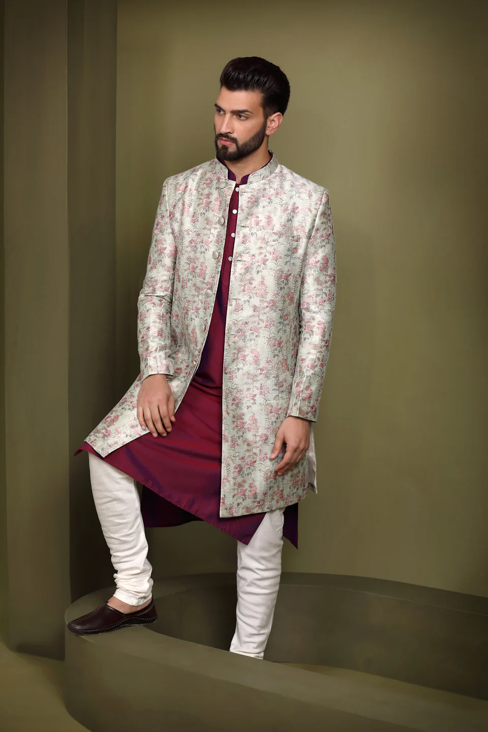 Ivory Silk Blend Indo-Western Sherwani Jacket with Floral Jacquard Design â€“ Wedding & Reception Outfit - Image 8