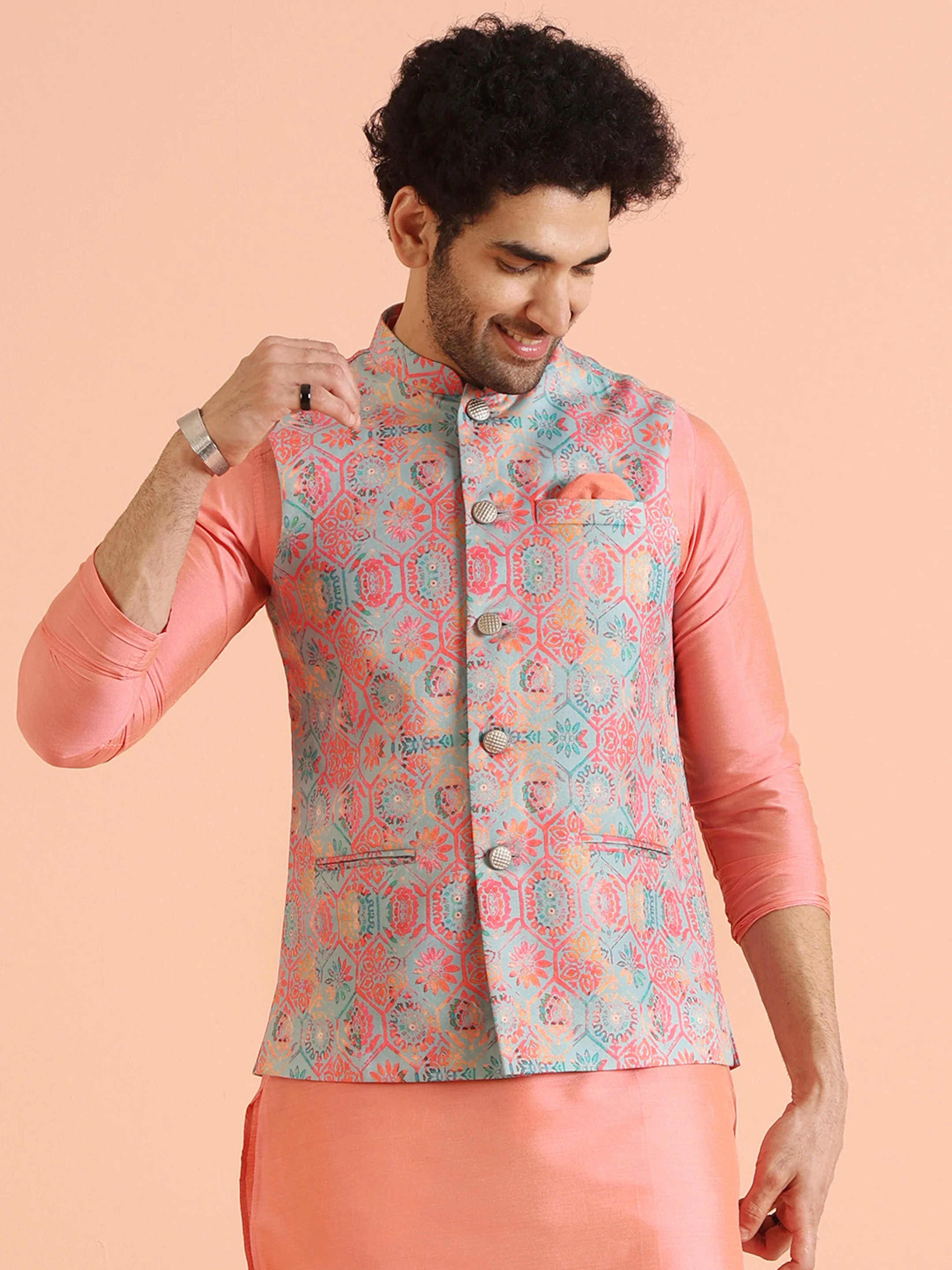 Multicolor Printed Silk Blend Nehru Jacket