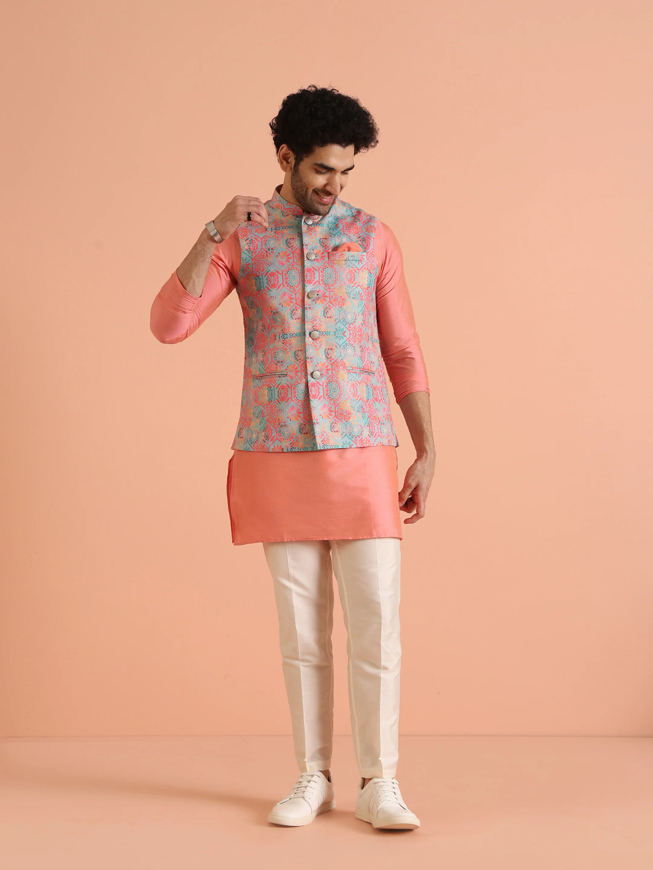 Multicolor Printed Silk Blend Nehru Jacket - Image 3