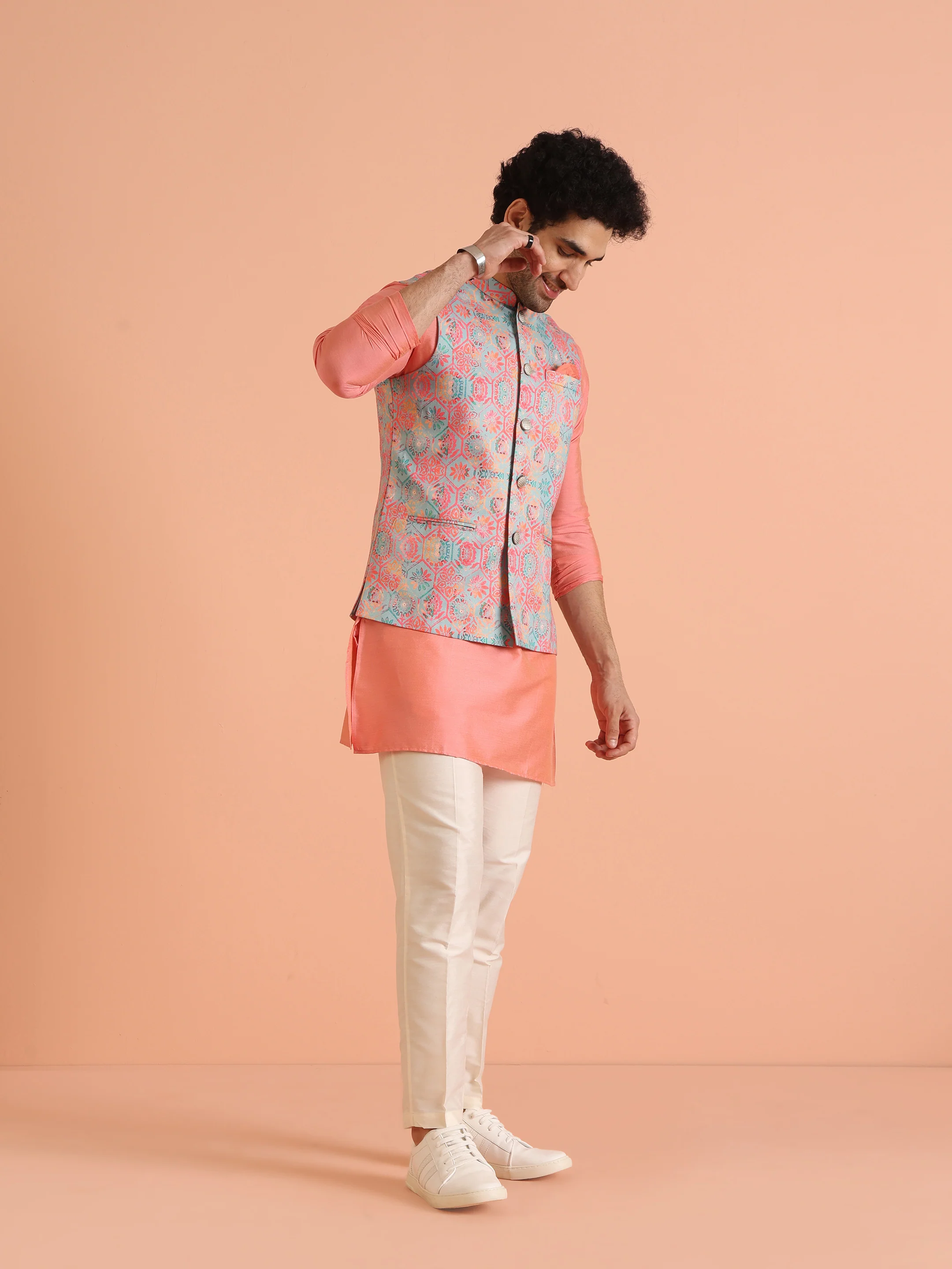 Multicolor Printed Silk Blend Nehru Jacket - Image 4