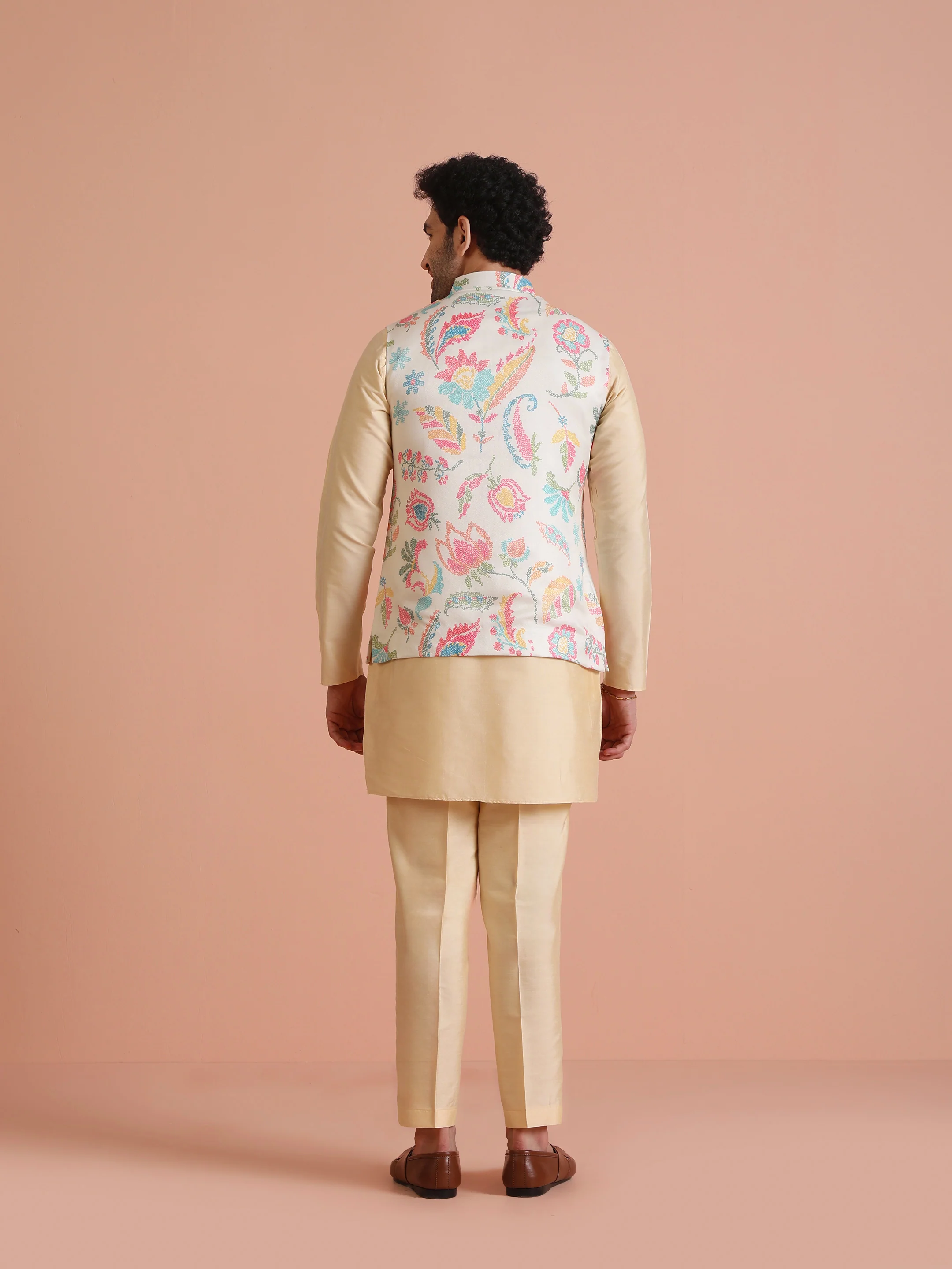 Cream Silk Blend Multicolor Floral Printed Nehru Jacket - Image 5