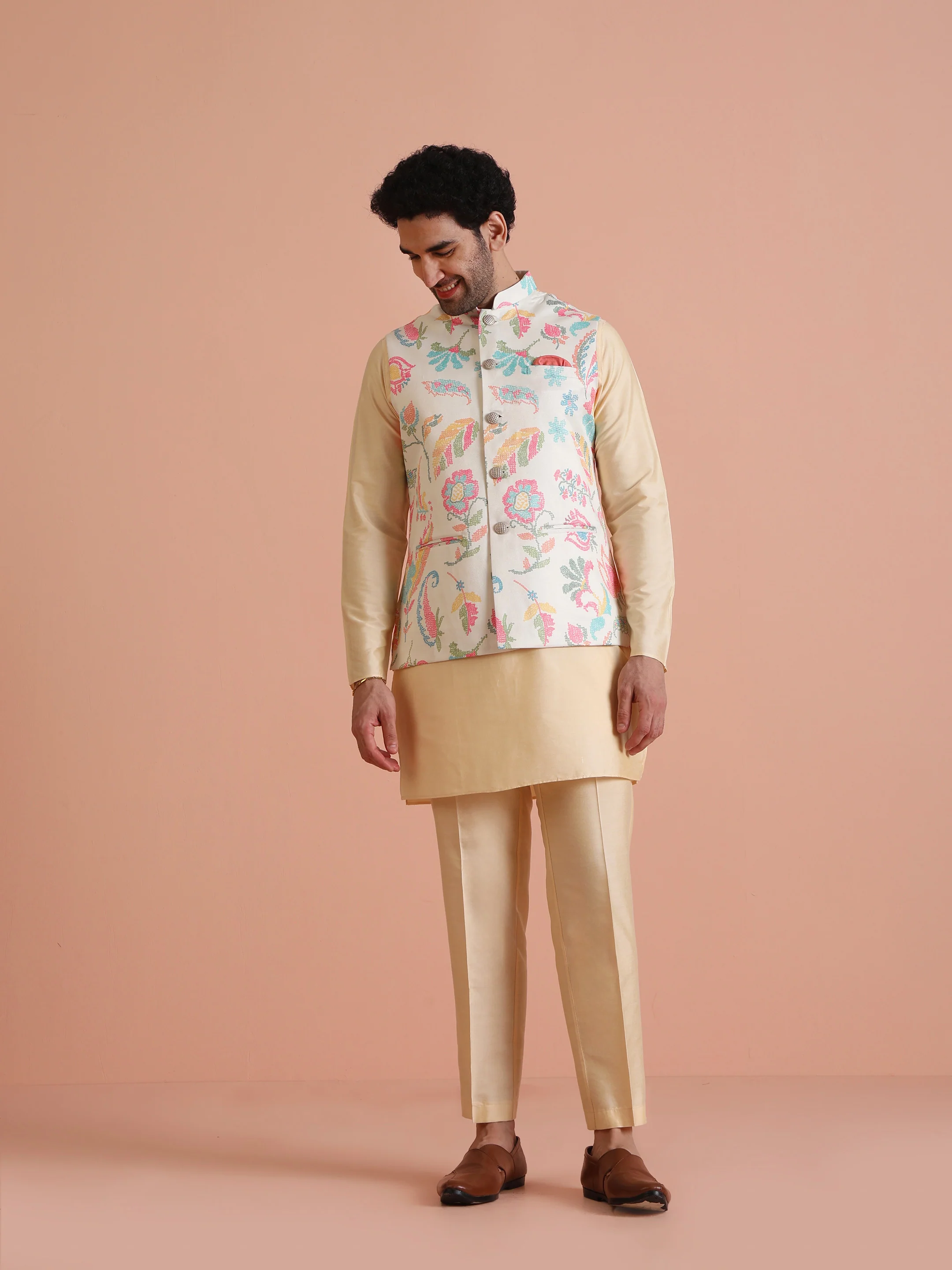 Cream Silk Blend Multicolor Floral Printed Nehru Jacket - Image 6