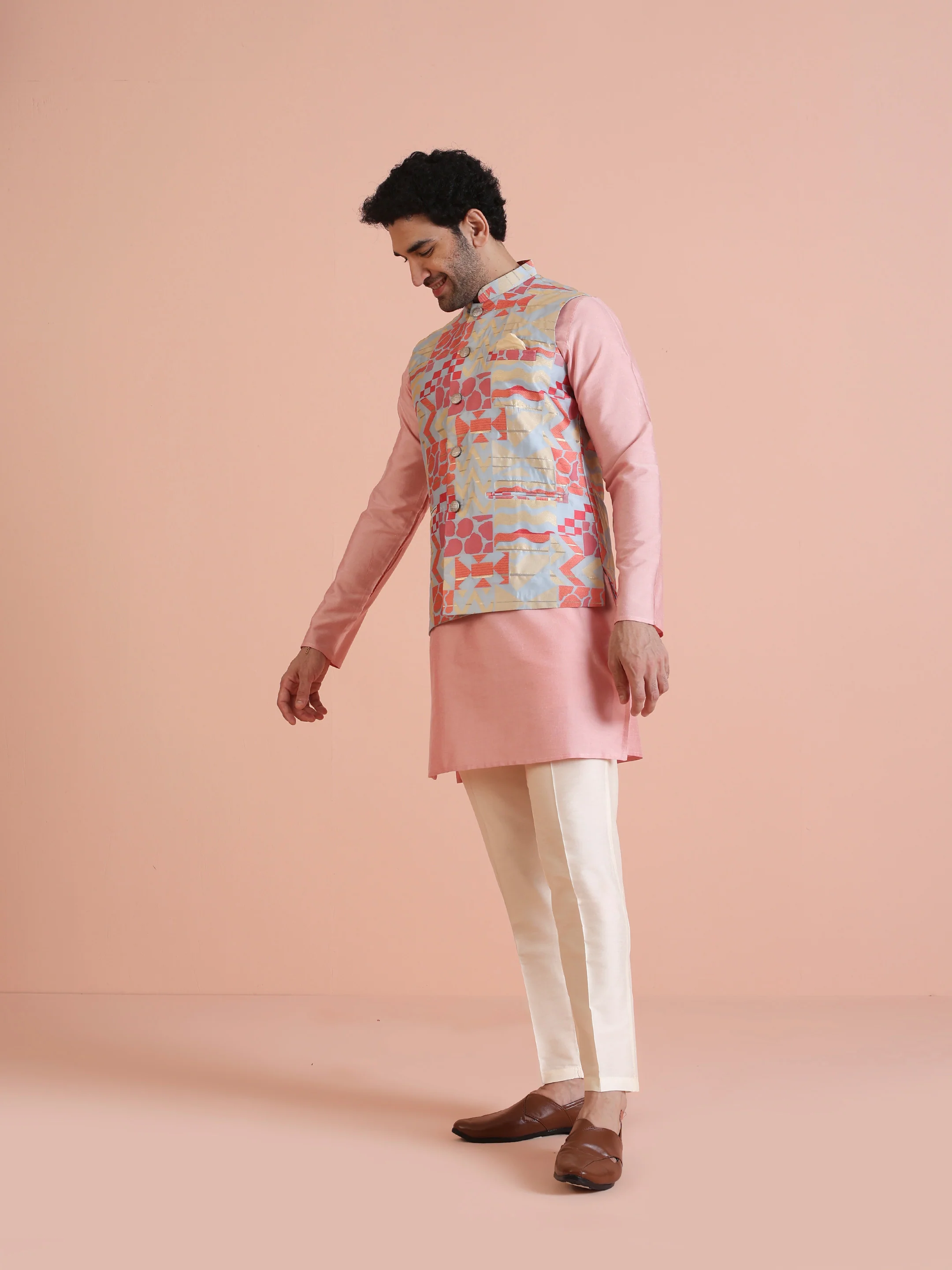 Multi Cotton Silk Geometric Printed Nehru Jacket - Image 3