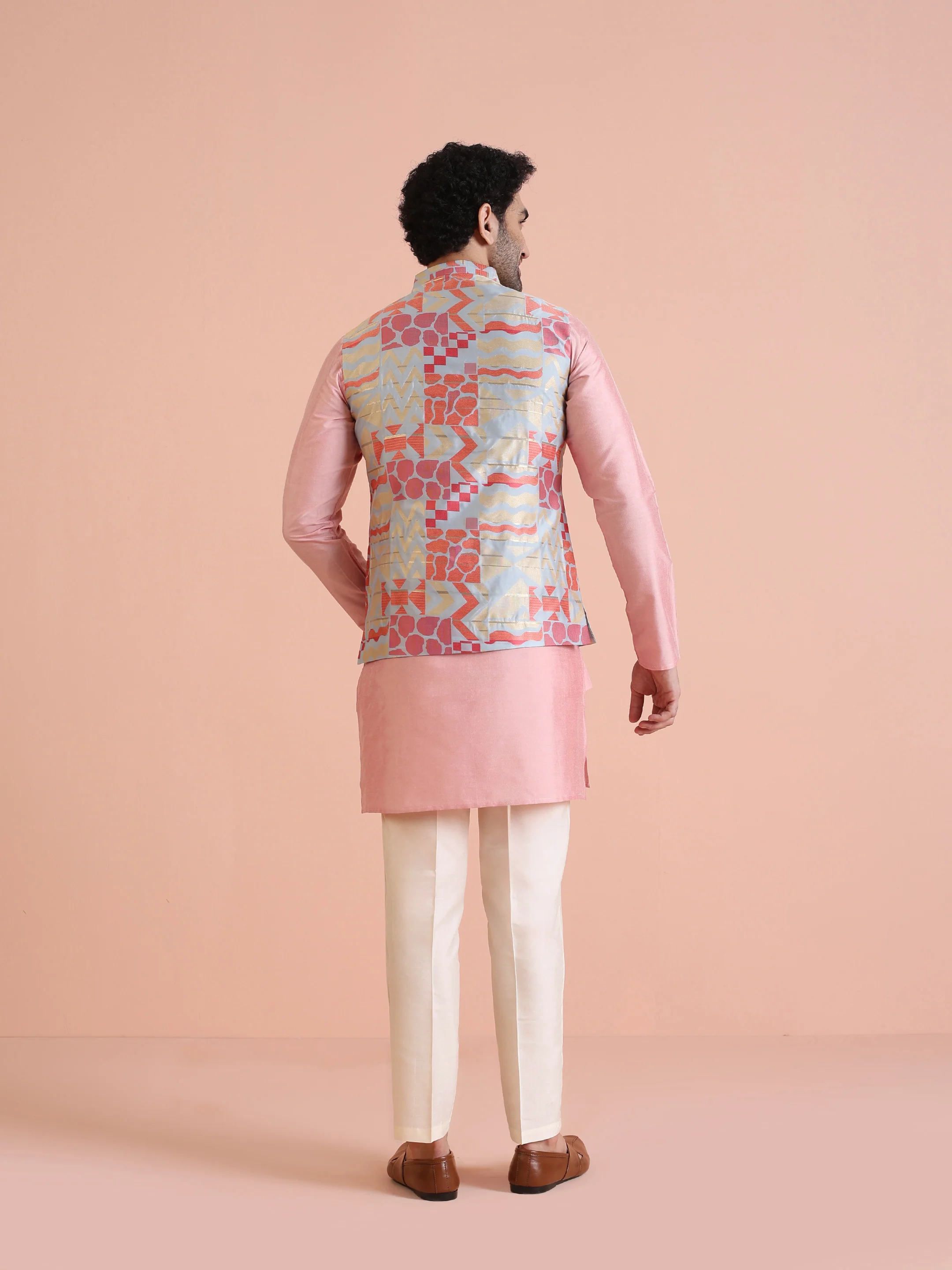 Multi Cotton Silk Geometric Printed Nehru Jacket - Image 5