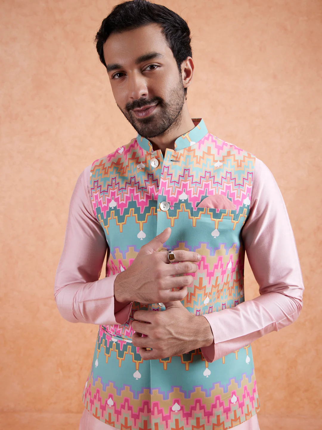 Pastel Multi Cotton Silk Geometric Nehru Jacket - Image 3