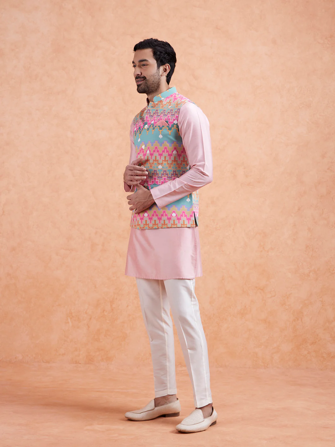 Pastel Multi Cotton Silk Geometric Nehru Jacket - Image 4