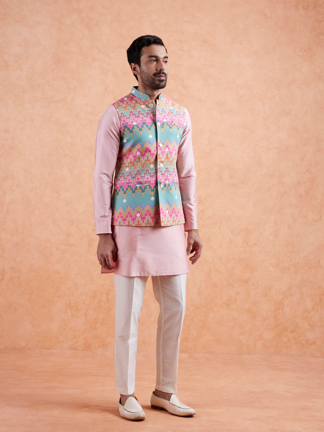 Pastel Multi Cotton Silk Geometric Nehru Jacket - Image 5
