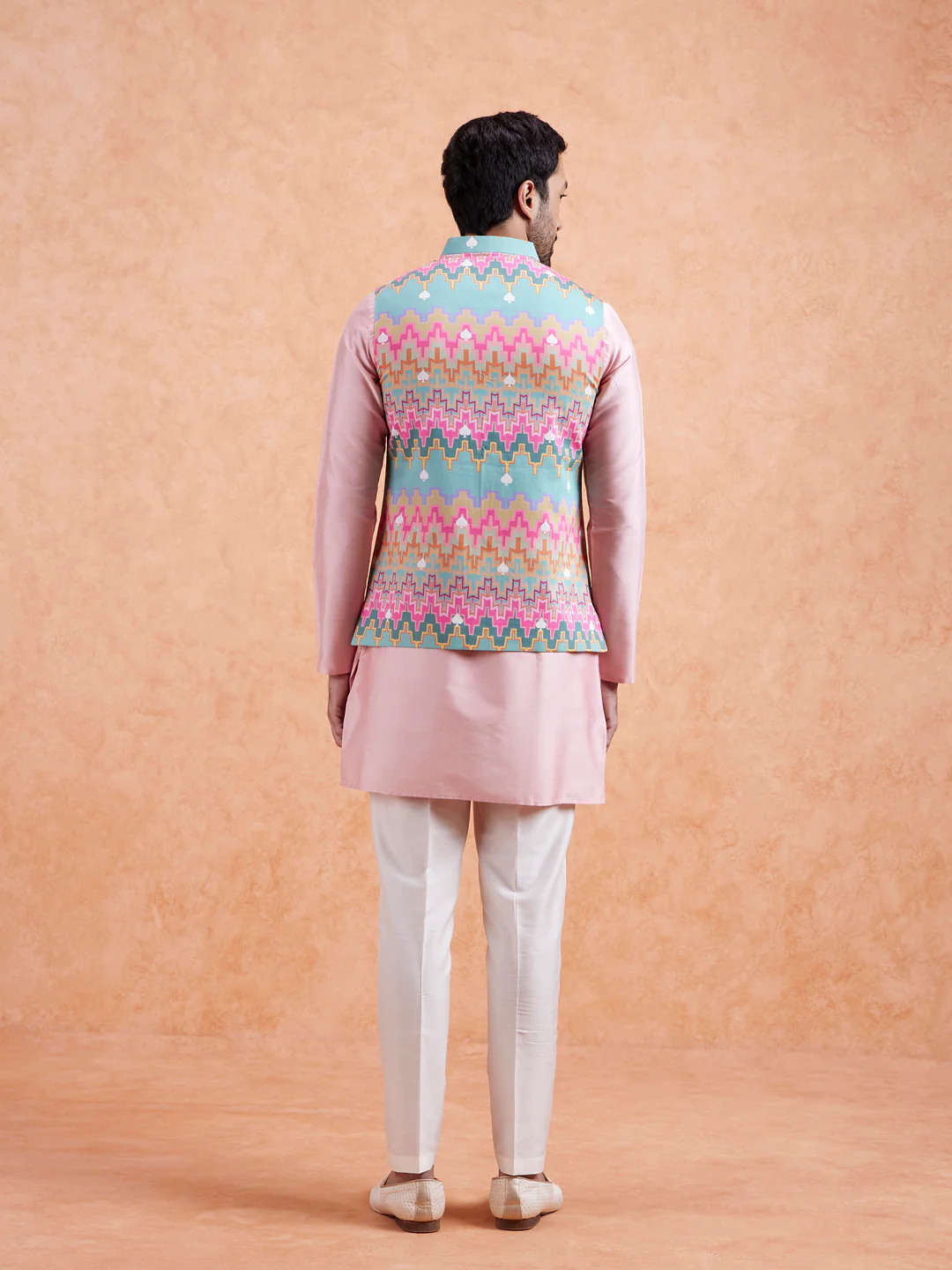 Pastel Multi Cotton Silk Geometric Nehru Jacket - Image 6