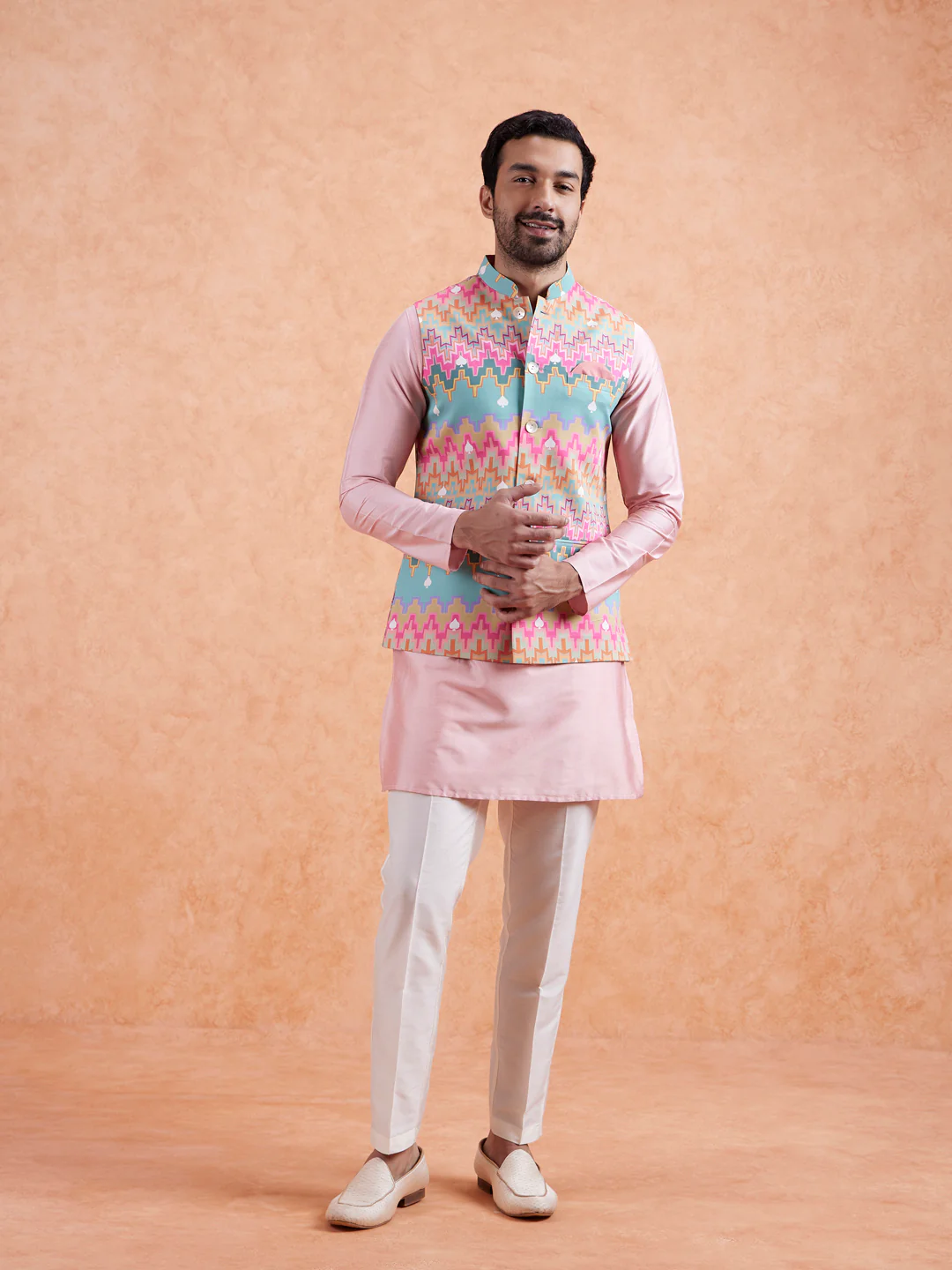 Pastel Multi Cotton Silk Geometric Nehru Jacket - Image 7