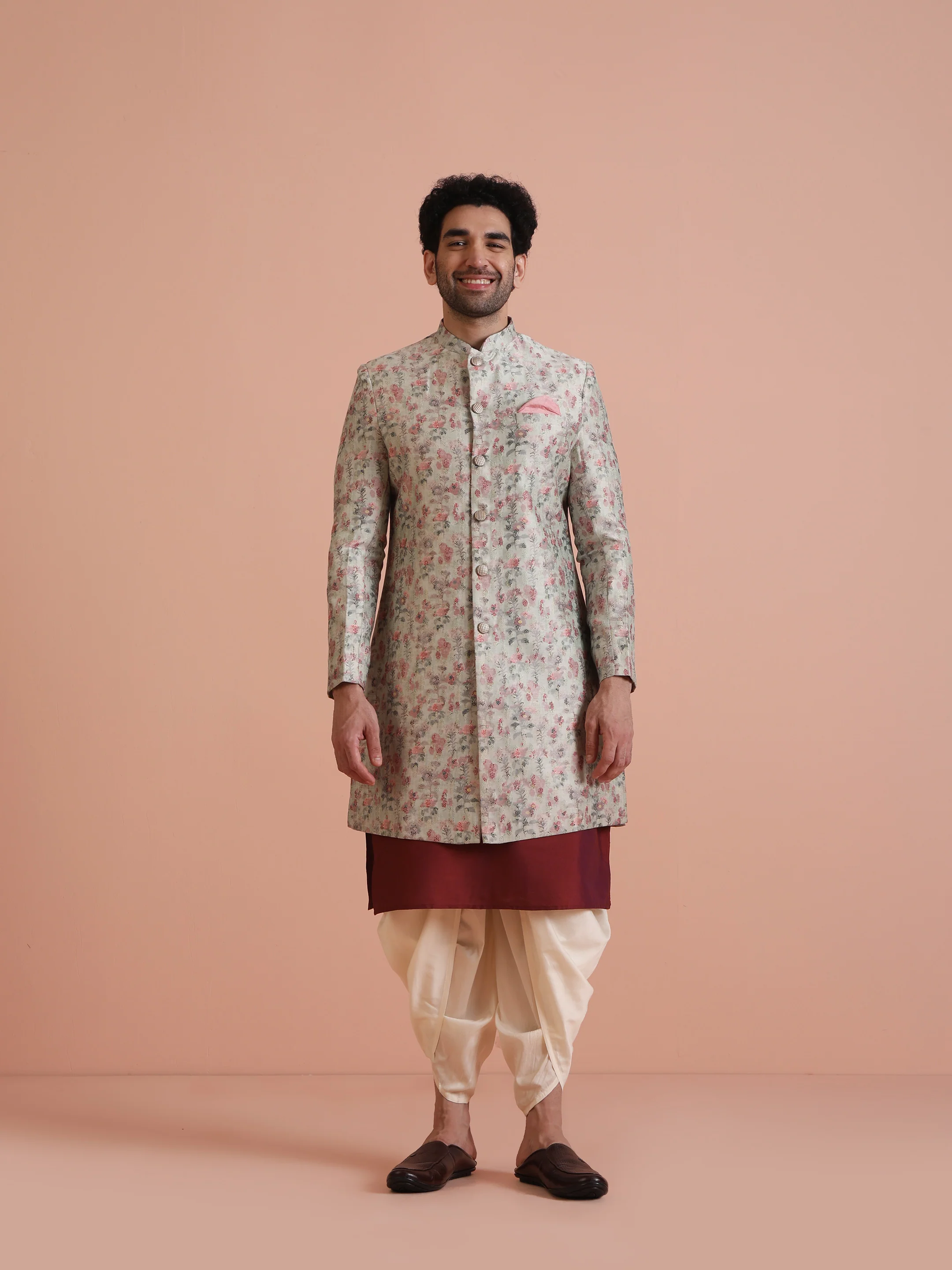 Cream Floral Silk Blend Sherwani Dhoti Set