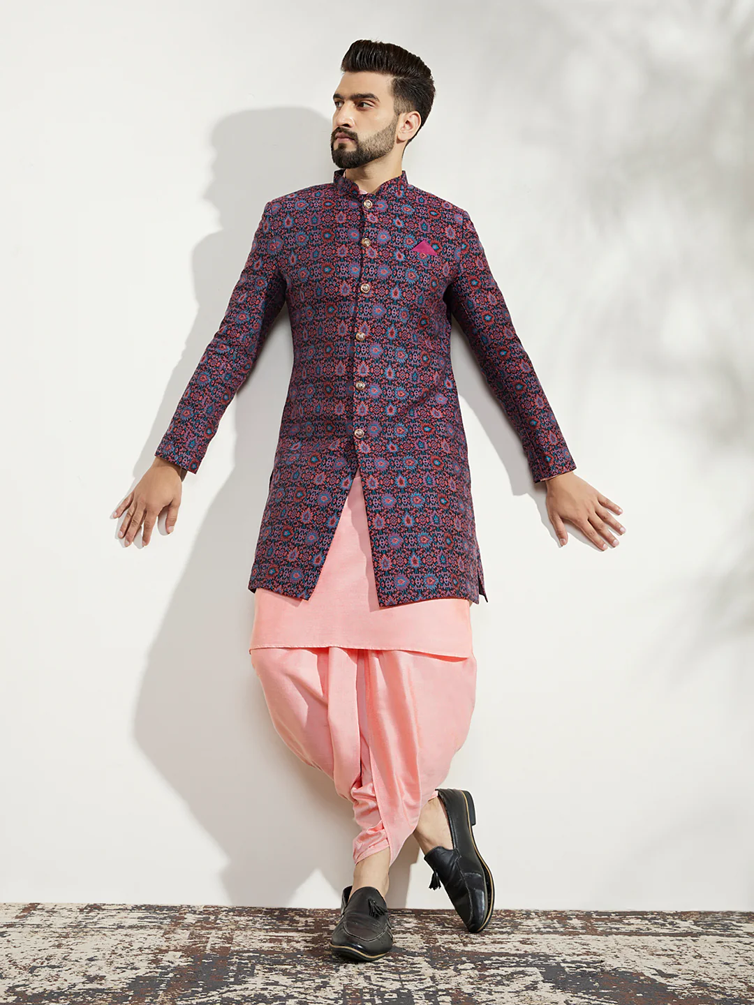 Men Multi Coloured Textured Kurta Indowestern Dhoti Set