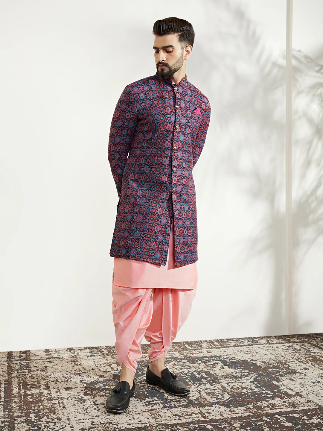 Men Multi Coloured Textured Kurta Indowestern Dhoti Set - Image 3