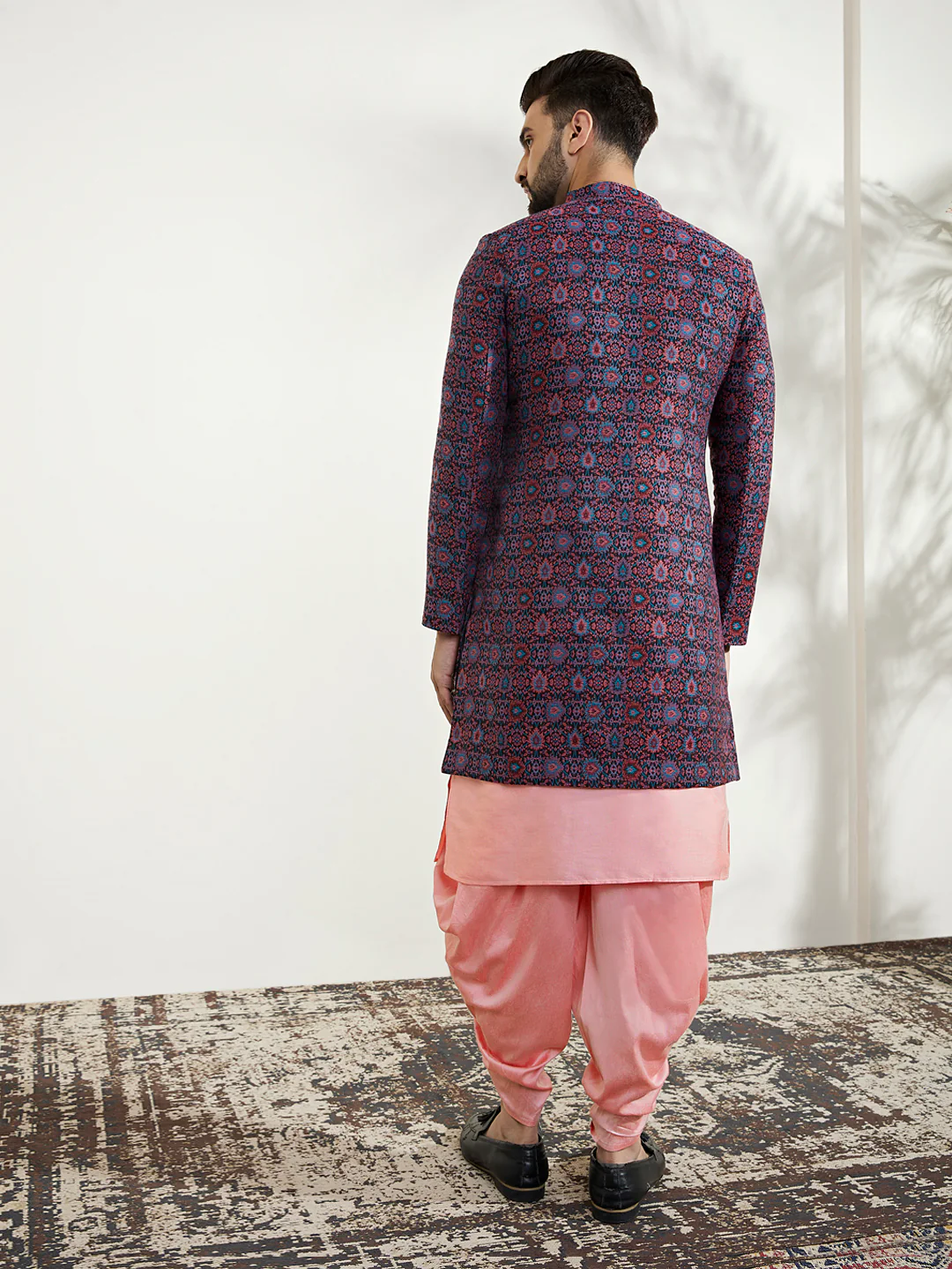 Men Multi Coloured Textured Kurta Indowestern Dhoti Set - Image 5