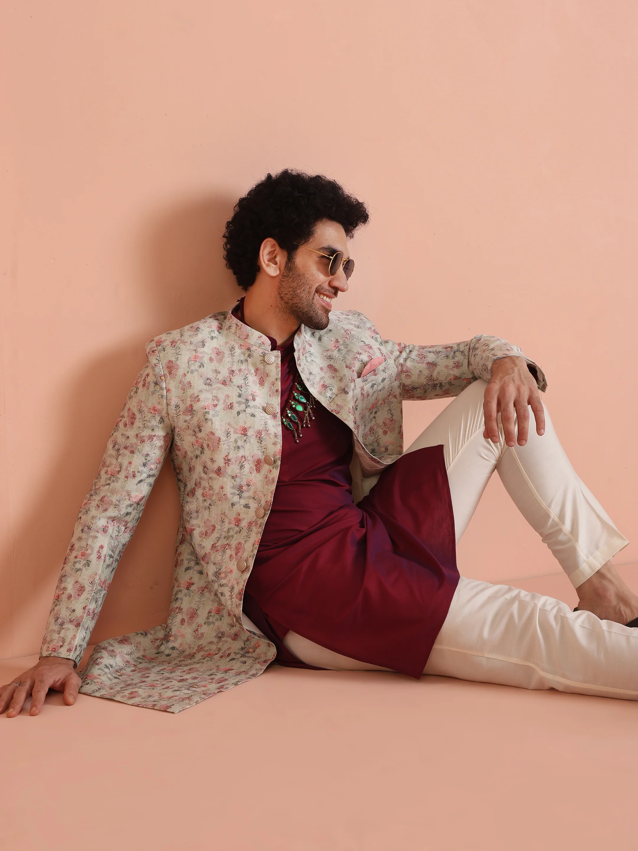 Cream Silk Blend Floral Sherwani with Kurta Trouser