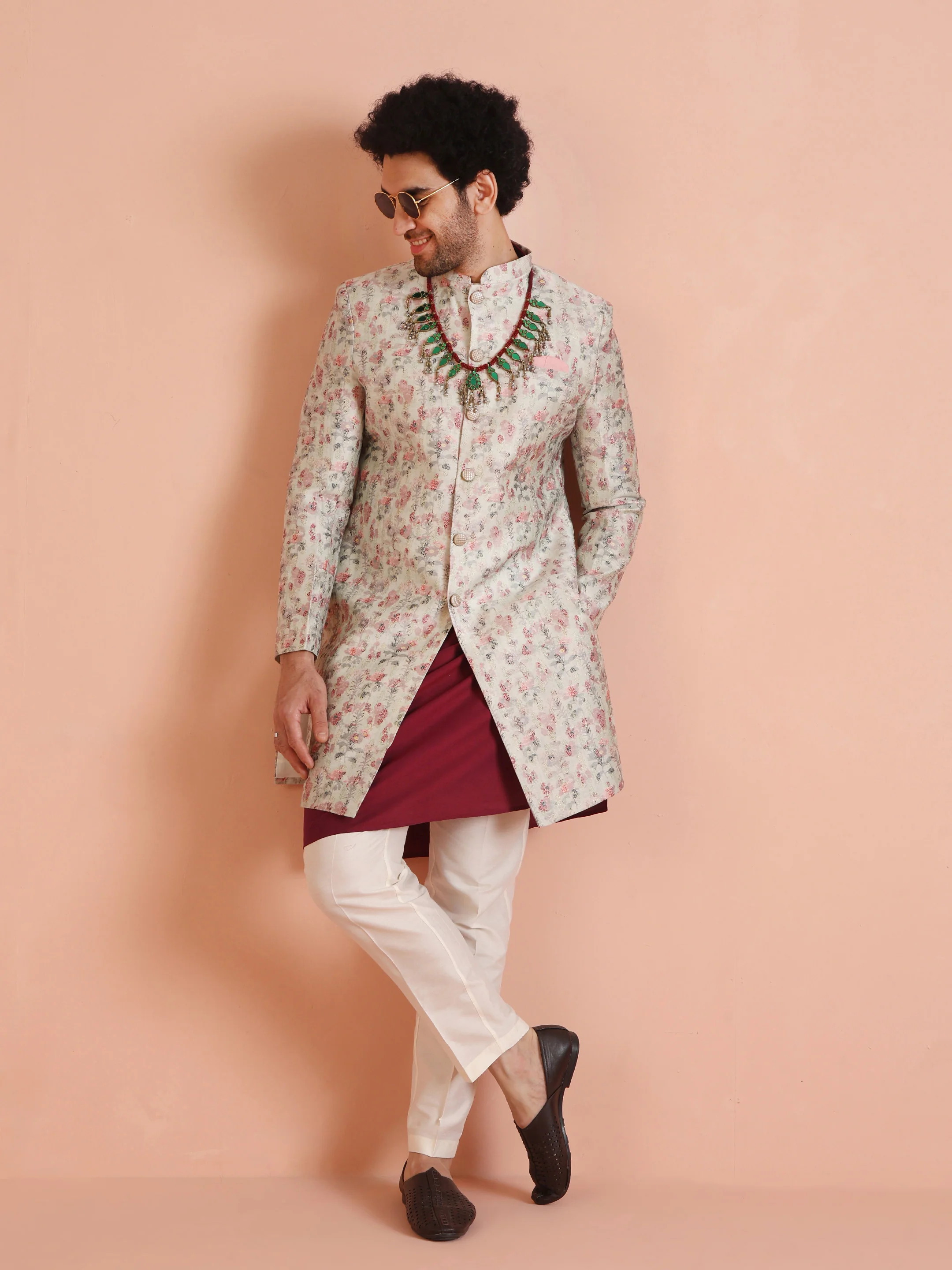 Cream Silk Blend Floral Sherwani with Kurta Trouser - Image 2