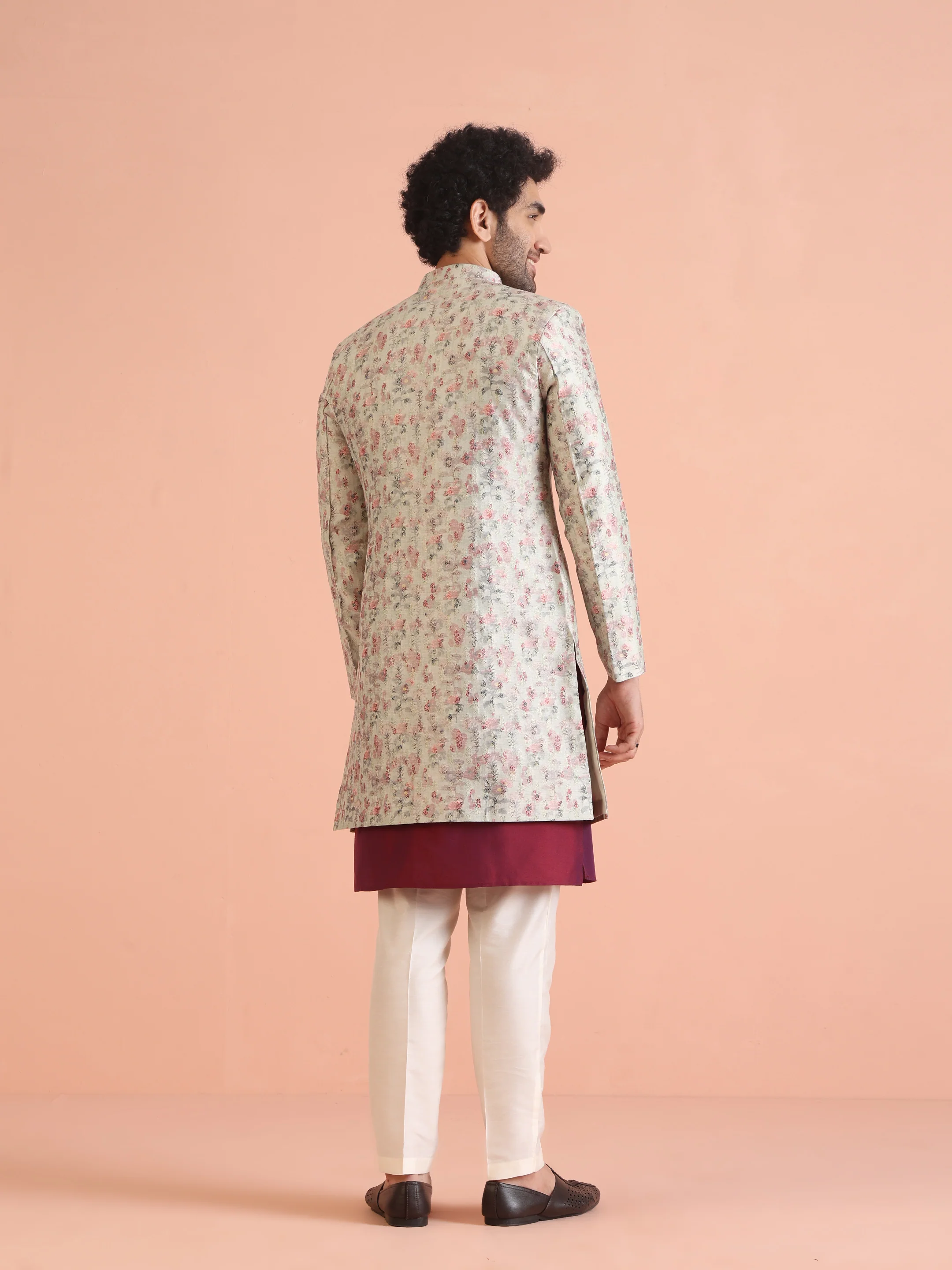 Cream Silk Blend Floral Sherwani with Kurta Trouser - Image 5
