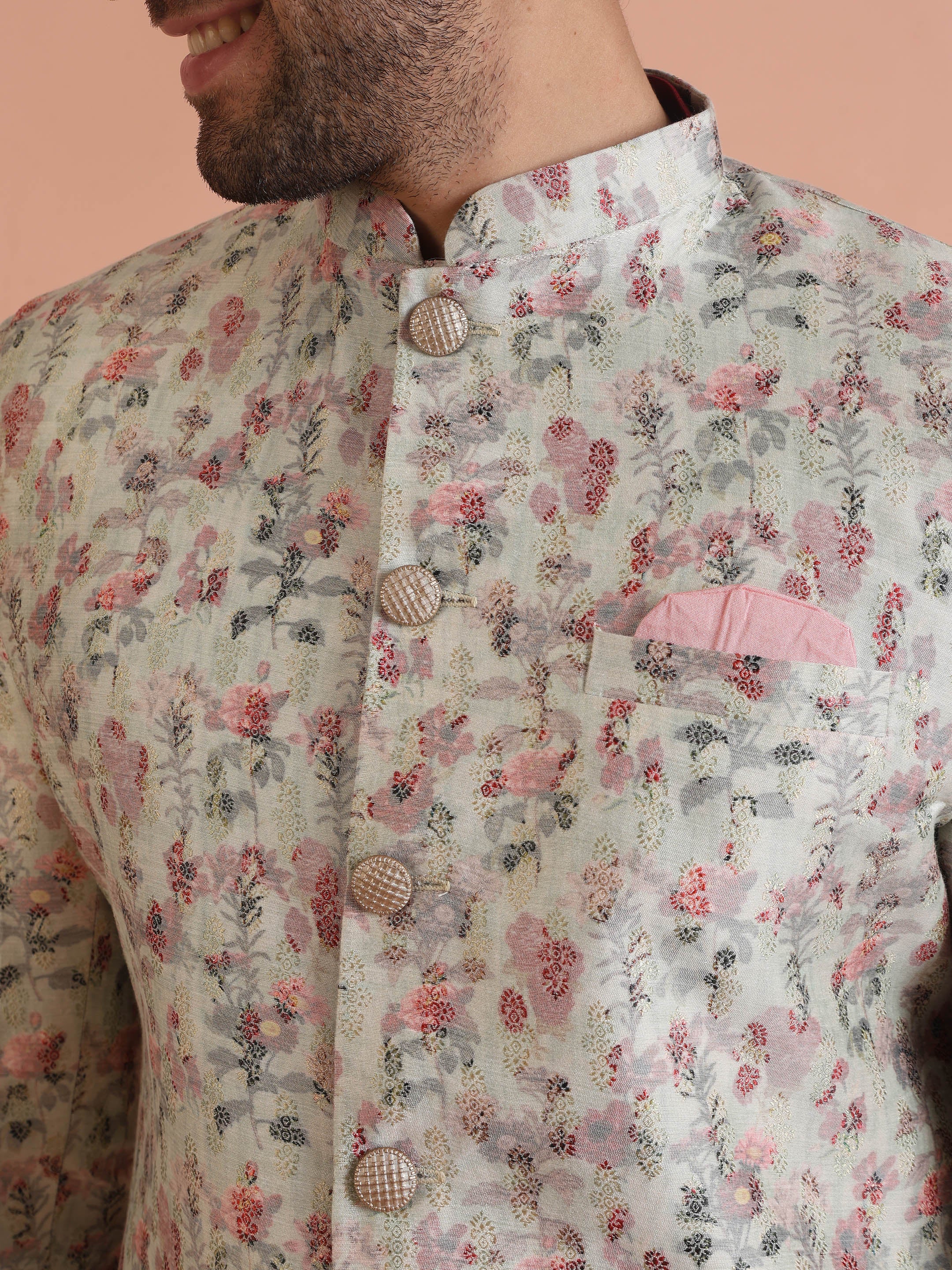 Cream Silk Blend Floral Sherwani with Kurta Trouser - Image 6