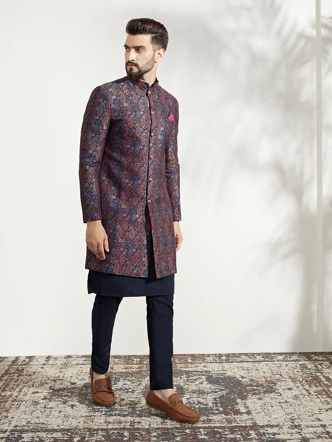 Navy Blue Silk Blend Indo-Western Sherwani Set with Jacquard Jacket, Kurta and Trousers â€“ Regal Festive Ensemble - Image 2