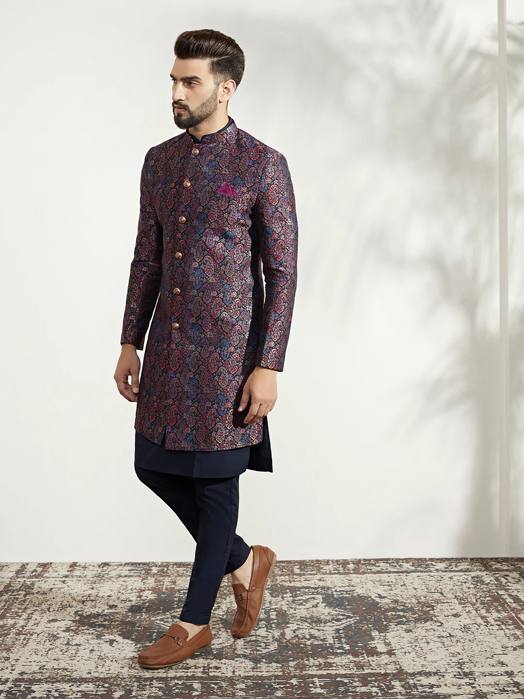 Navy Blue Silk Blend Indo-Western Sherwani Set with Jacquard Jacket, Kurta and Trousers â€“ Regal Festive Ensemble - Image 3