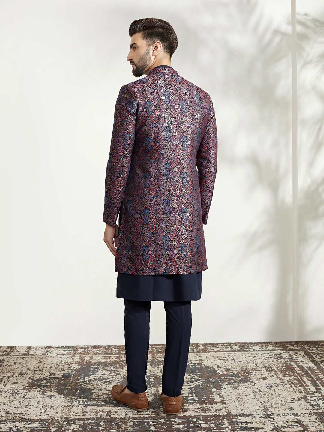 Navy Blue Silk Blend Indo-Western Sherwani Set with Jacquard Jacket, Kurta and Trousers â€“ Regal Festive Ensemble - Image 4