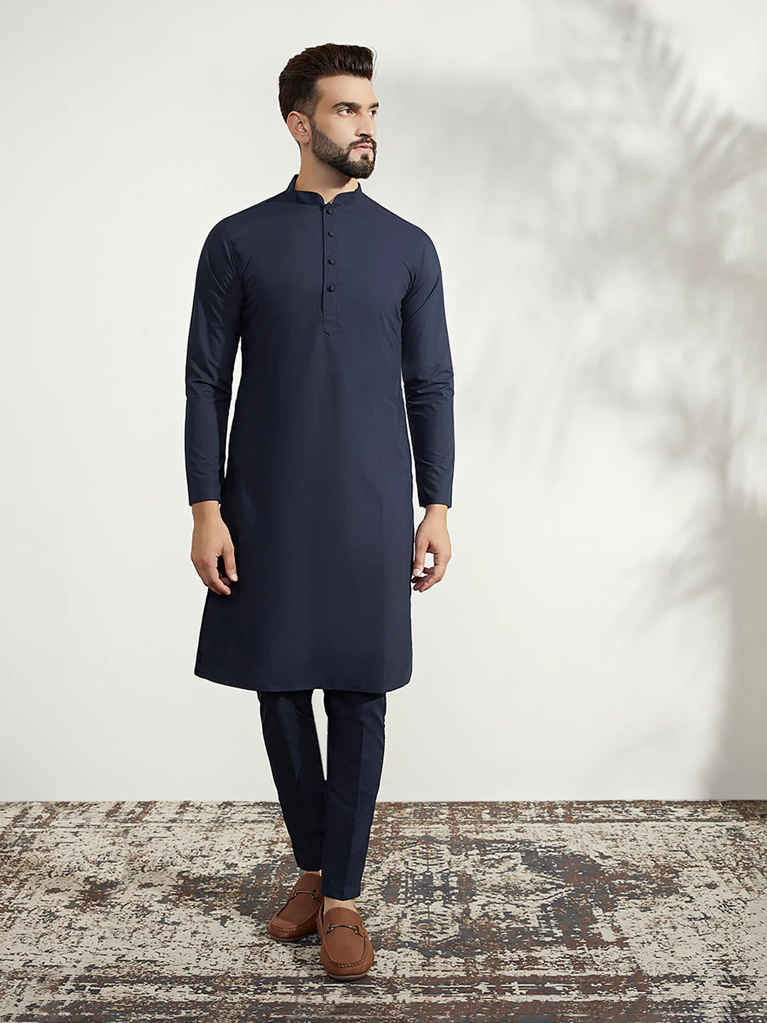 Navy Blue Silk Blend Indo-Western Sherwani Set with Jacquard Jacket, Kurta and Trousers â€“ Regal Festive Ensemble - Image 5