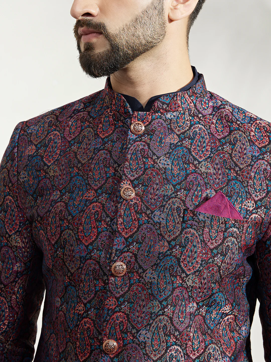 Navy Blue Silk Blend Indo-Western Sherwani Set with Jacquard Jacket, Kurta and Trousers â€“ Regal Festive Ensemble - Image 6