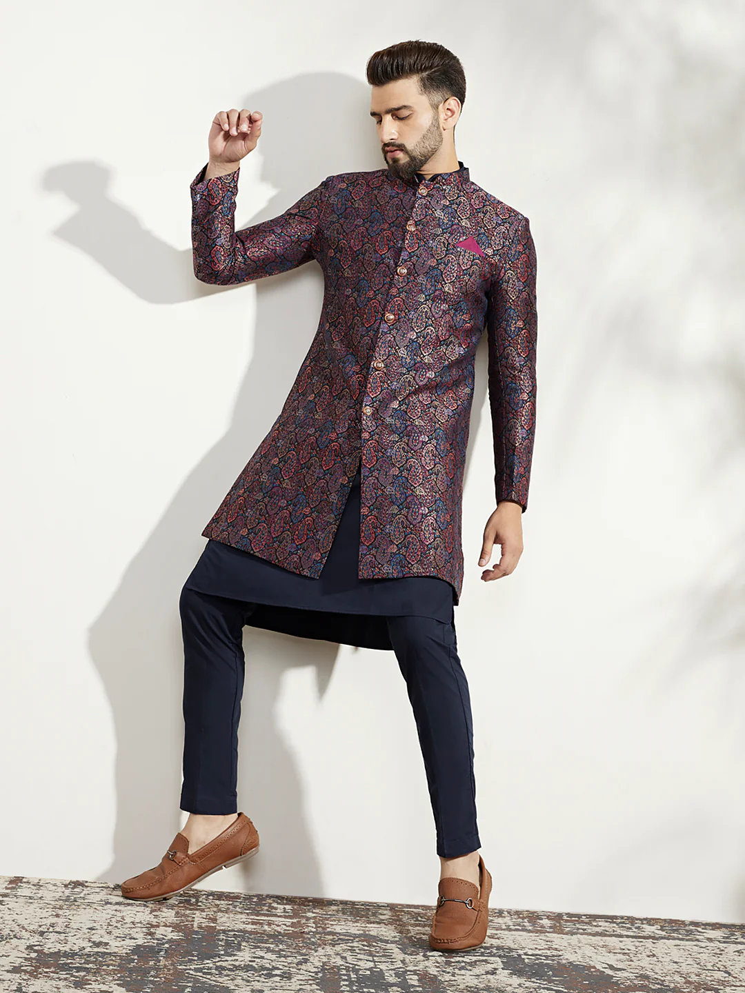 Navy Blue Silk Blend Indo-Western Sherwani Set with Jacquard Jacket, Kurta and Trousers â€“ Regal Festive Ensemble - Image 8
