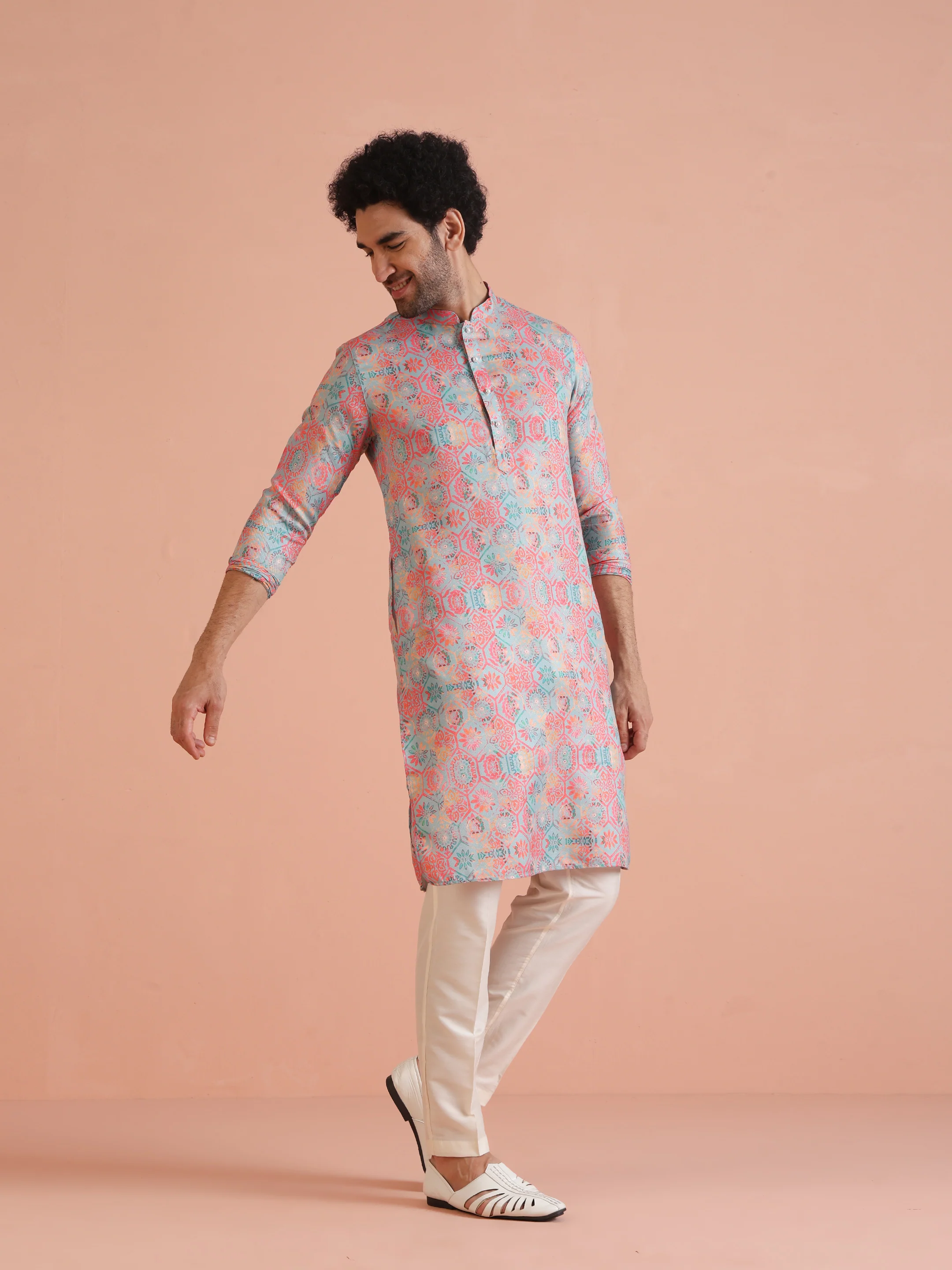 Multi Color Silk Blend Printed Kurta White Trouser - Image 3