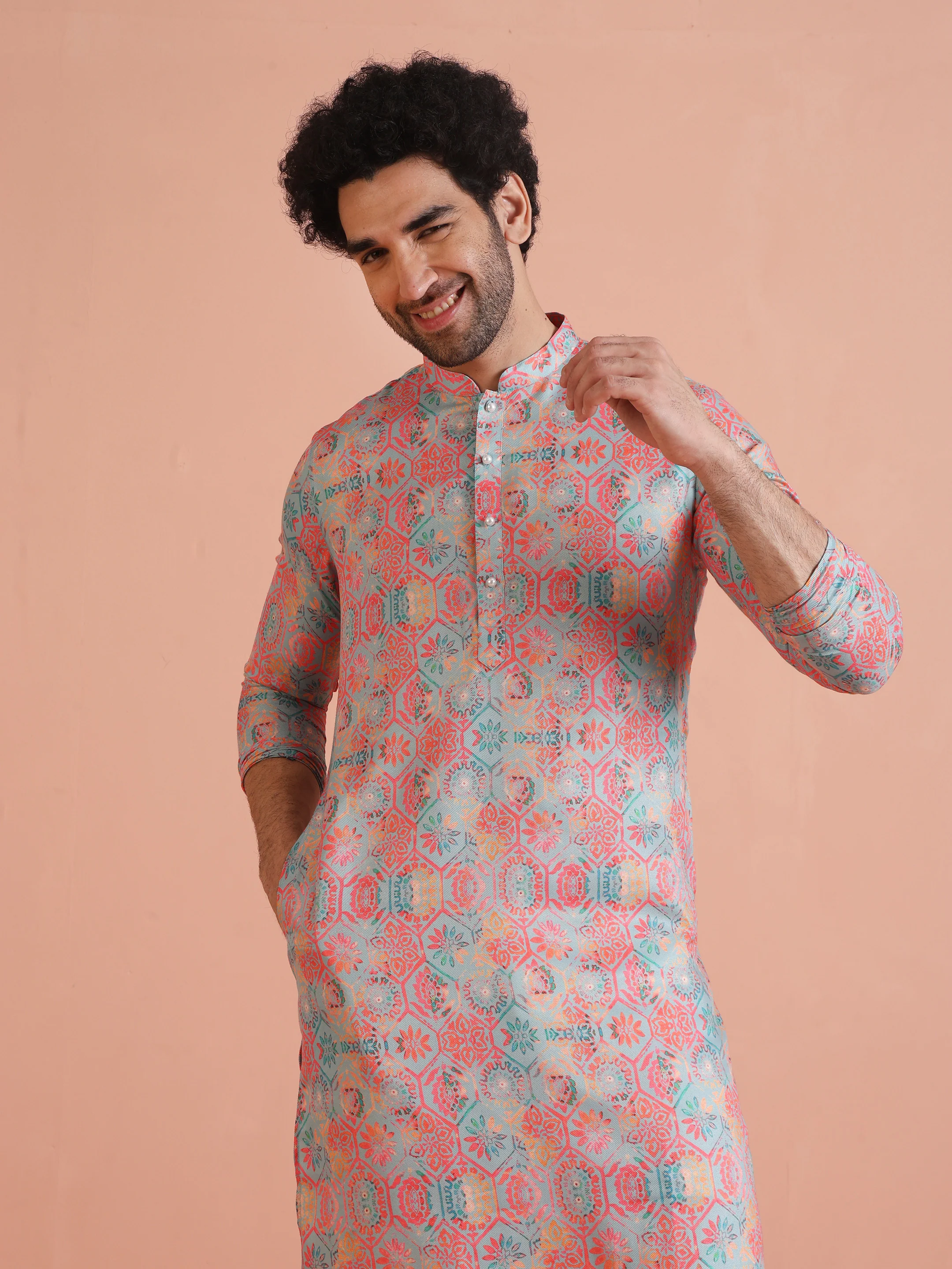 Multi Color Silk Blend Printed Kurta White Trouser - Image 7