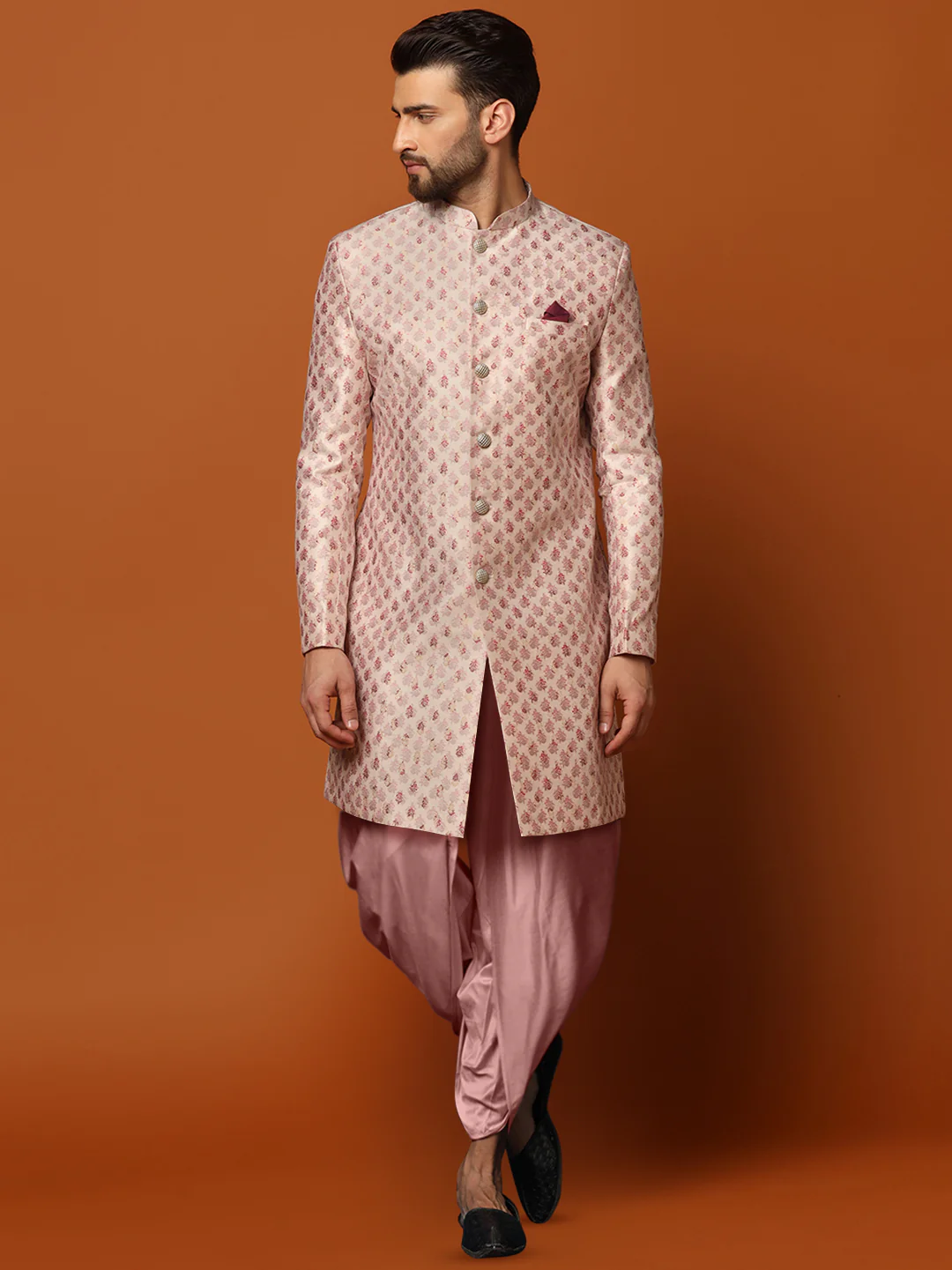 Pink Jacquard Sherwani with Pink Dhoti