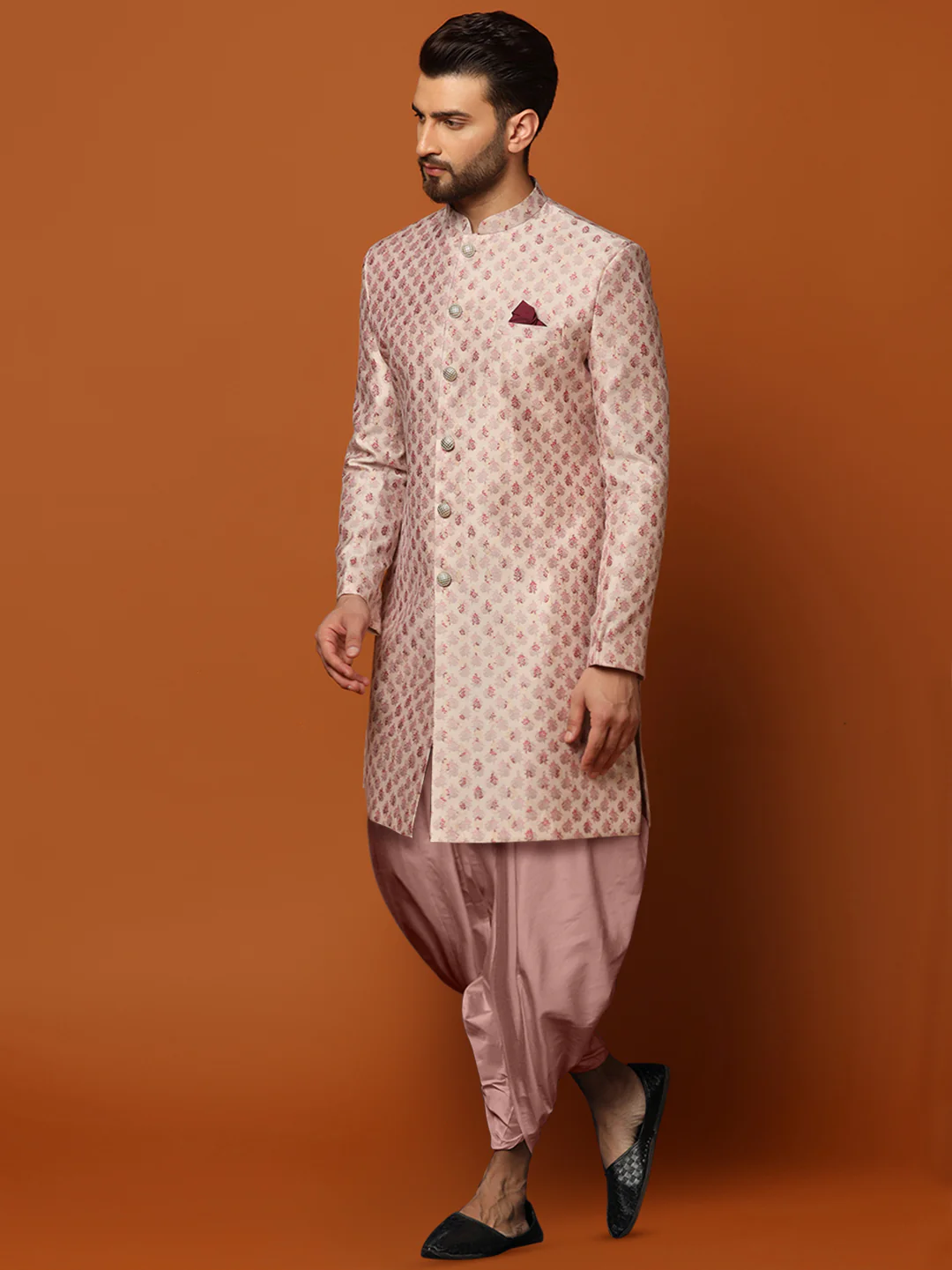 Pink Jacquard Sherwani with Pink Dhoti - Image 2