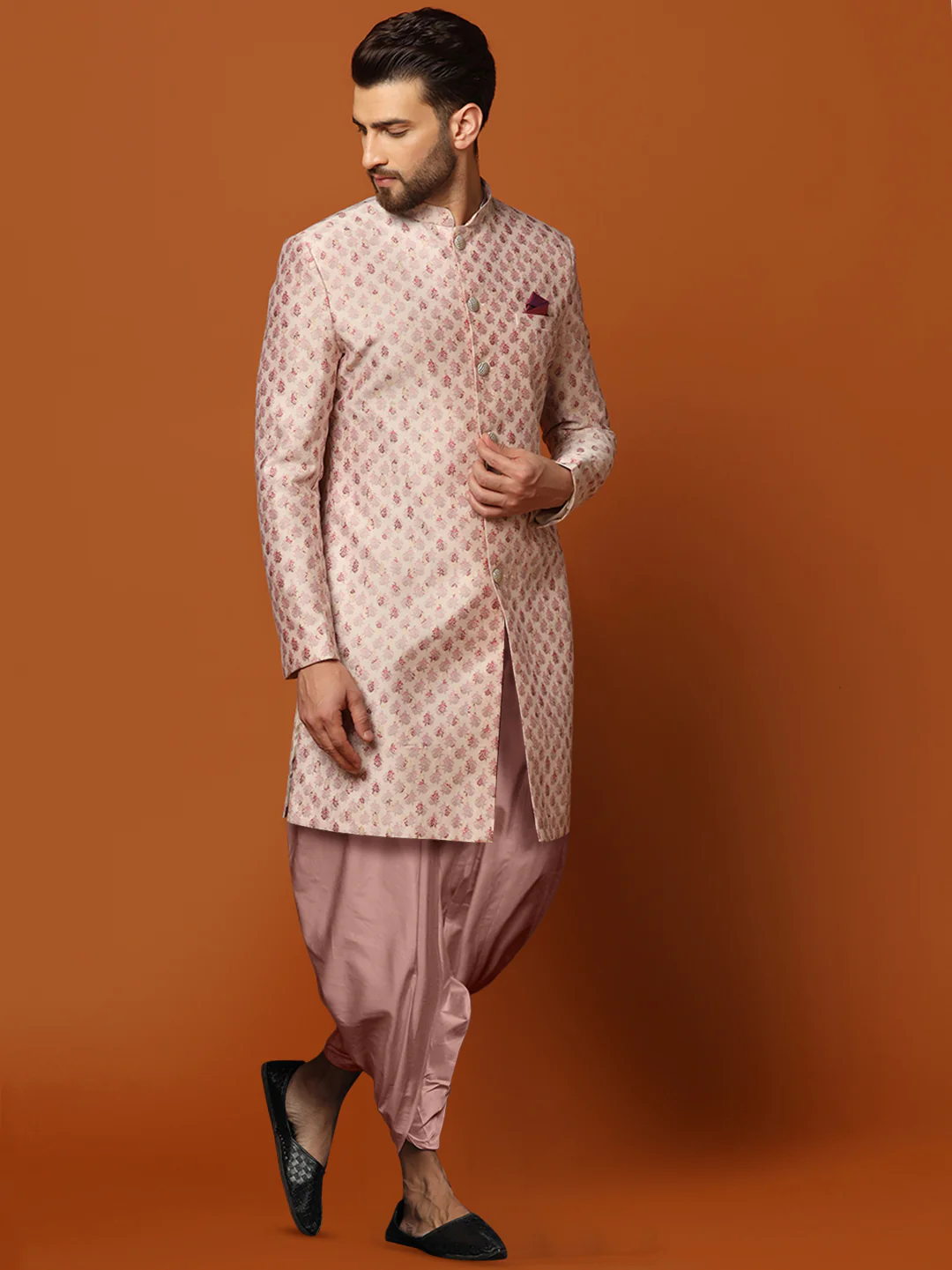Pink Jacquard Sherwani with Pink Dhoti - Image 3
