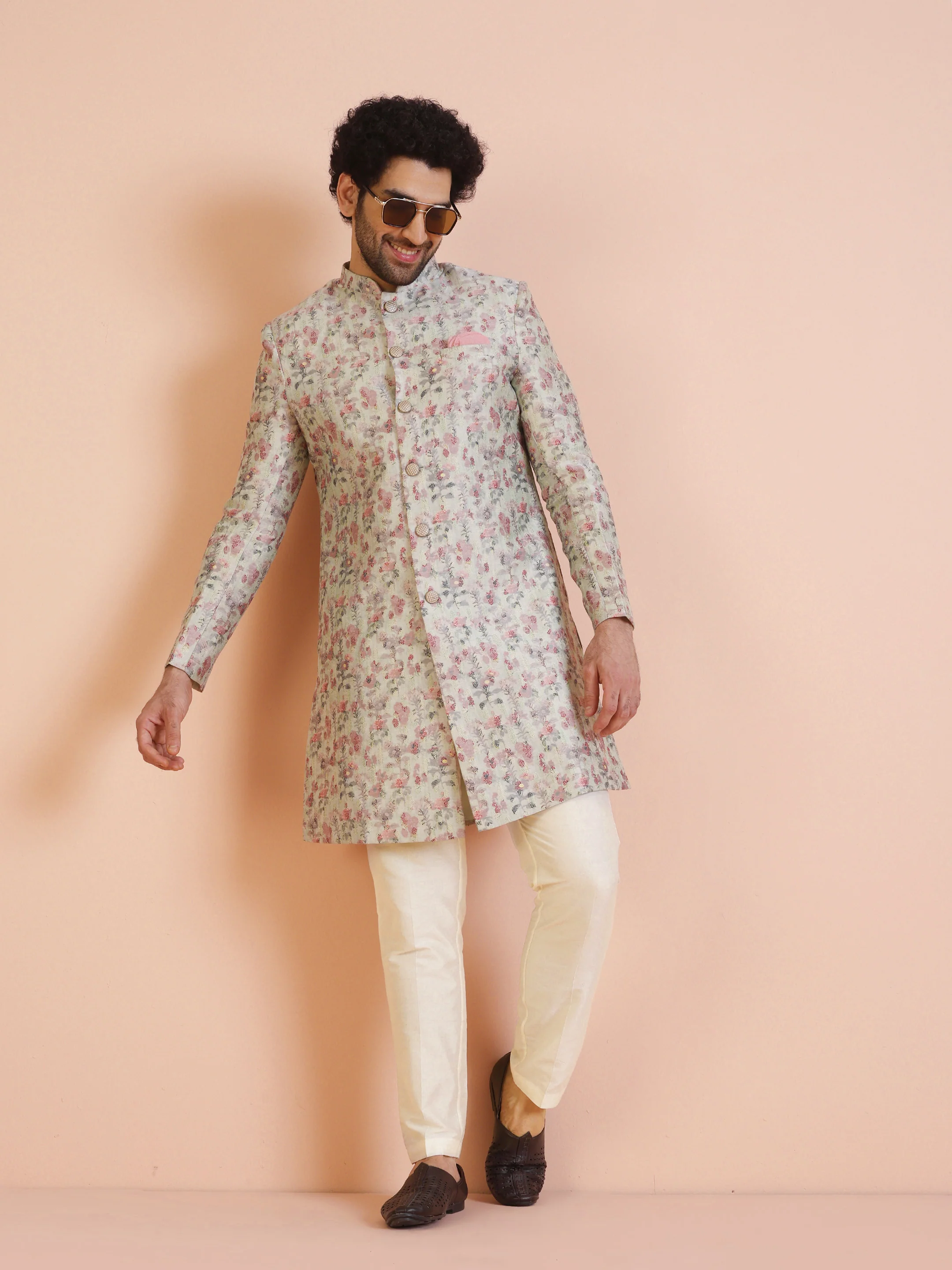 Beige Silk Blend Floral Printed Achkan Sherwani with Cream Trouser