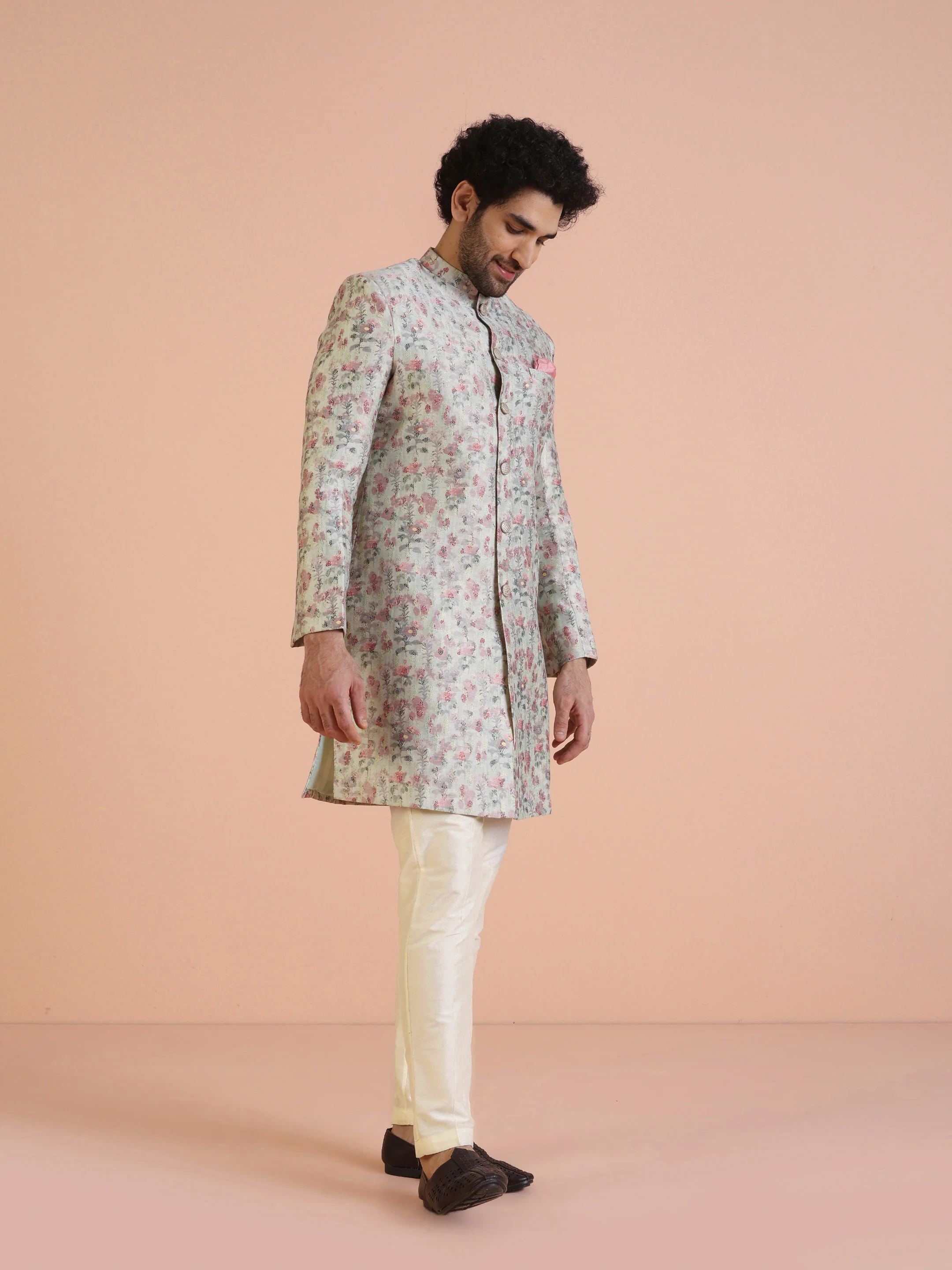 Beige Silk Blend Floral Printed Achkan Sherwani with Cream Trouser - Image 2
