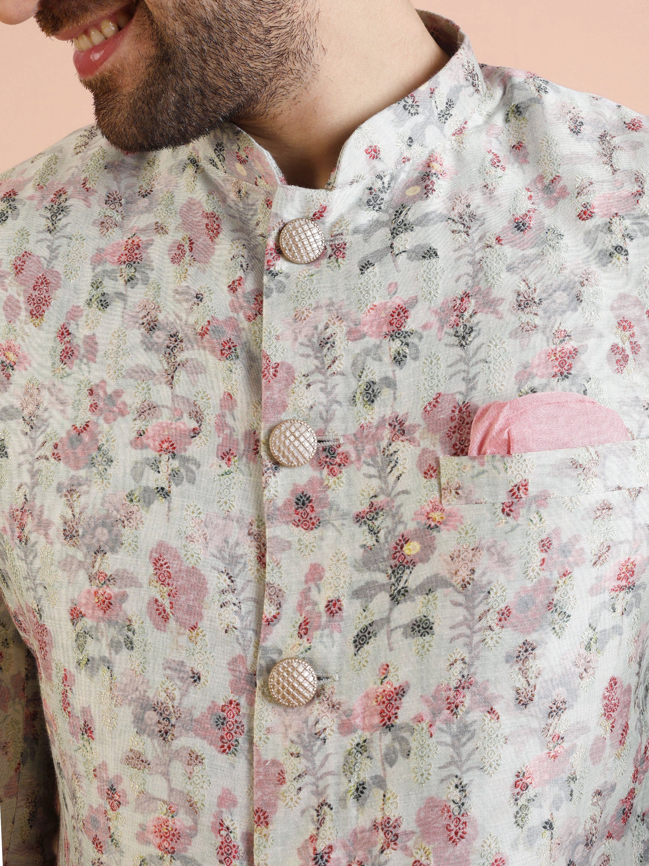 Beige Silk Blend Floral Printed Achkan Sherwani with Cream Trouser - Image 5