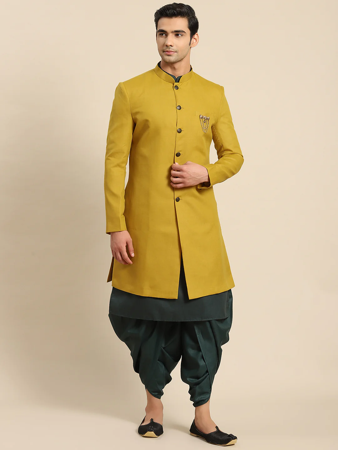 Men Mustard Yellow Solid Indowestern Churidar Set