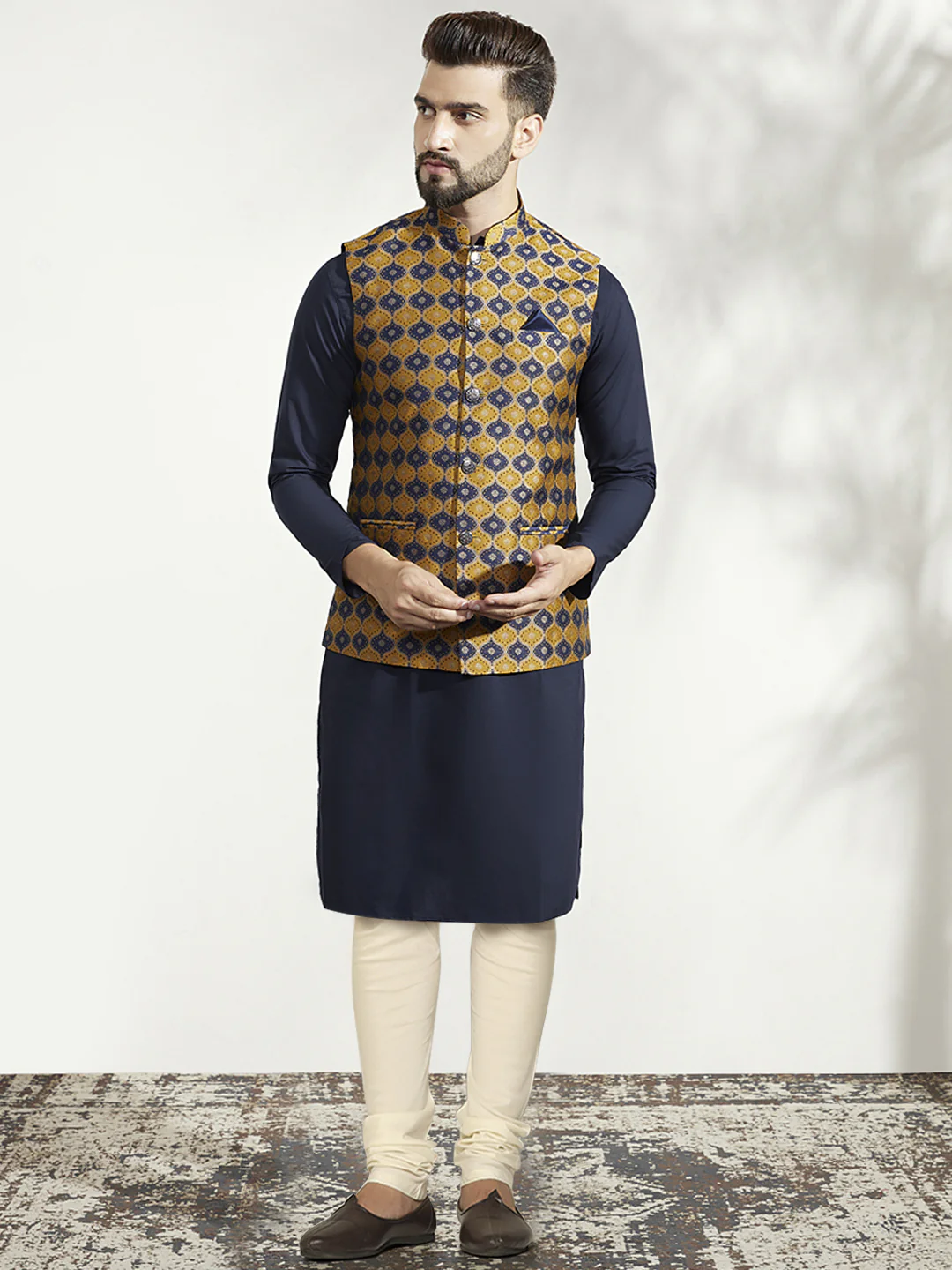 Men's Mustard Kurta Jacket Churidar Set