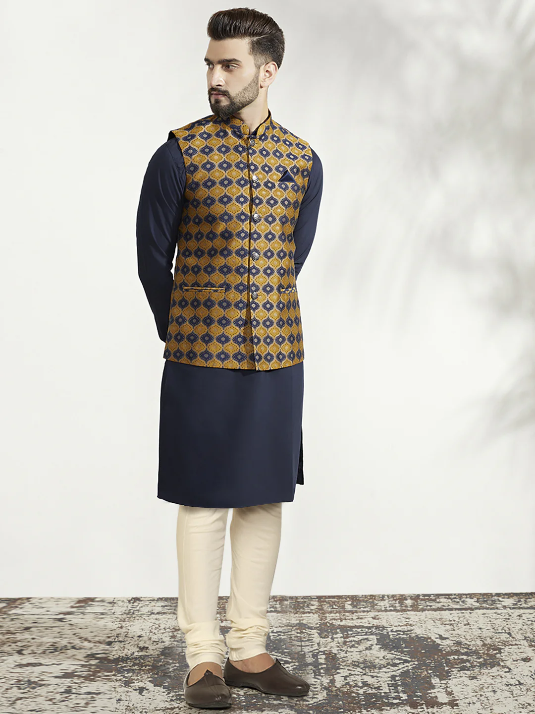 Men's Mustard Kurta Jacket Churidar Set - Image 2