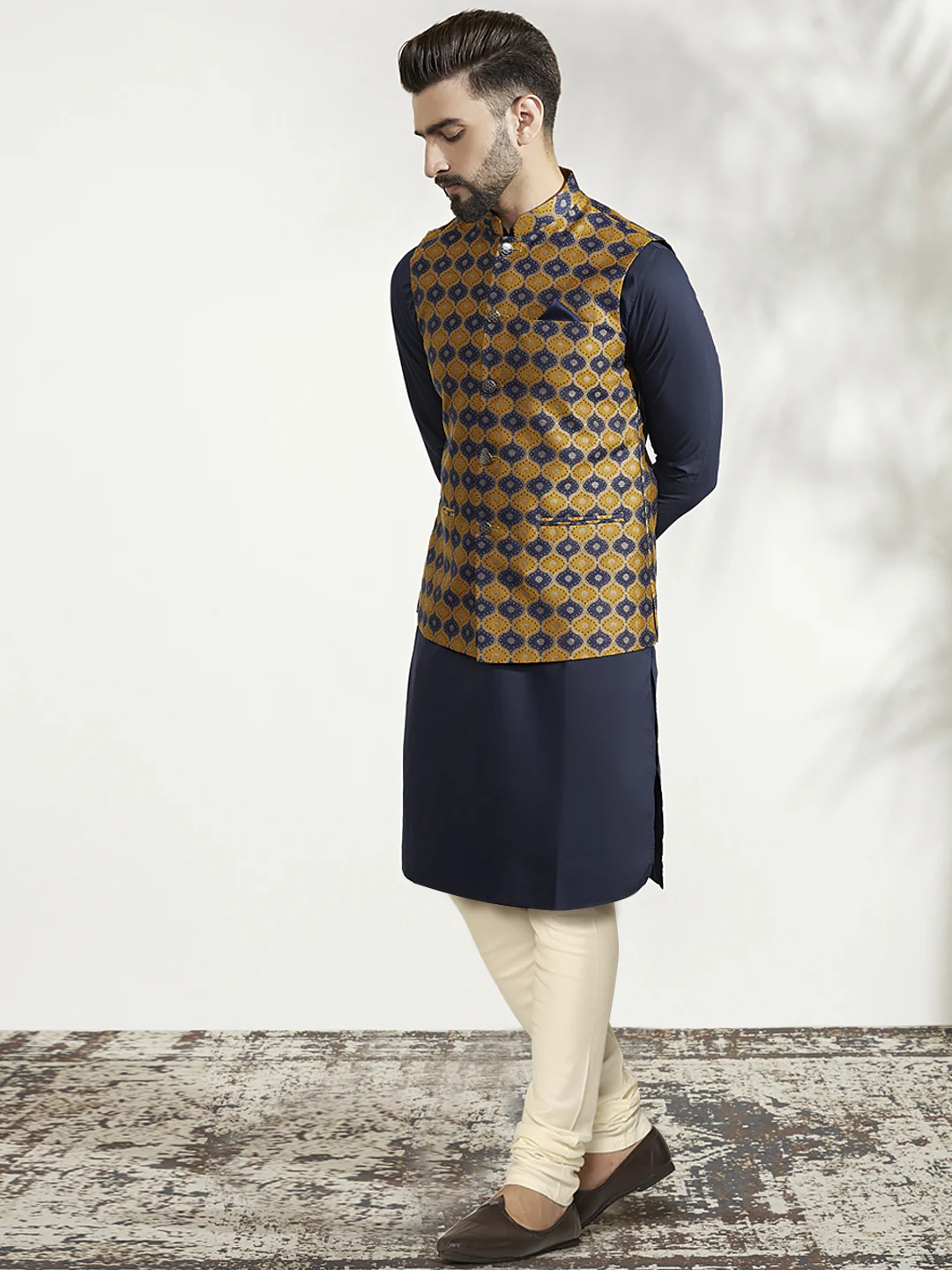 Men's Mustard Kurta Jacket Churidar Set - Image 3