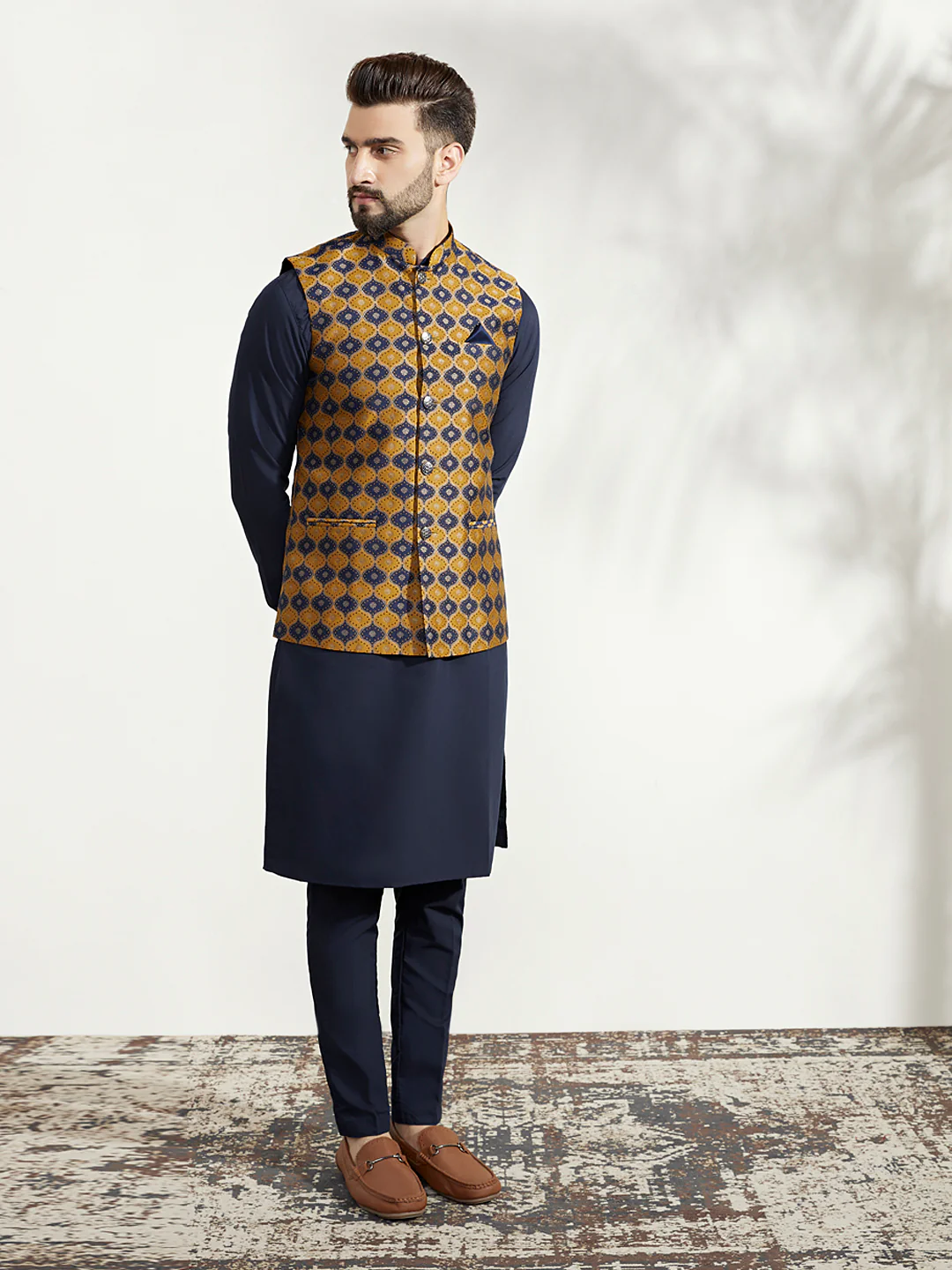 Mustard Jacquard Jacket Kurta Trouser Set - Image 2