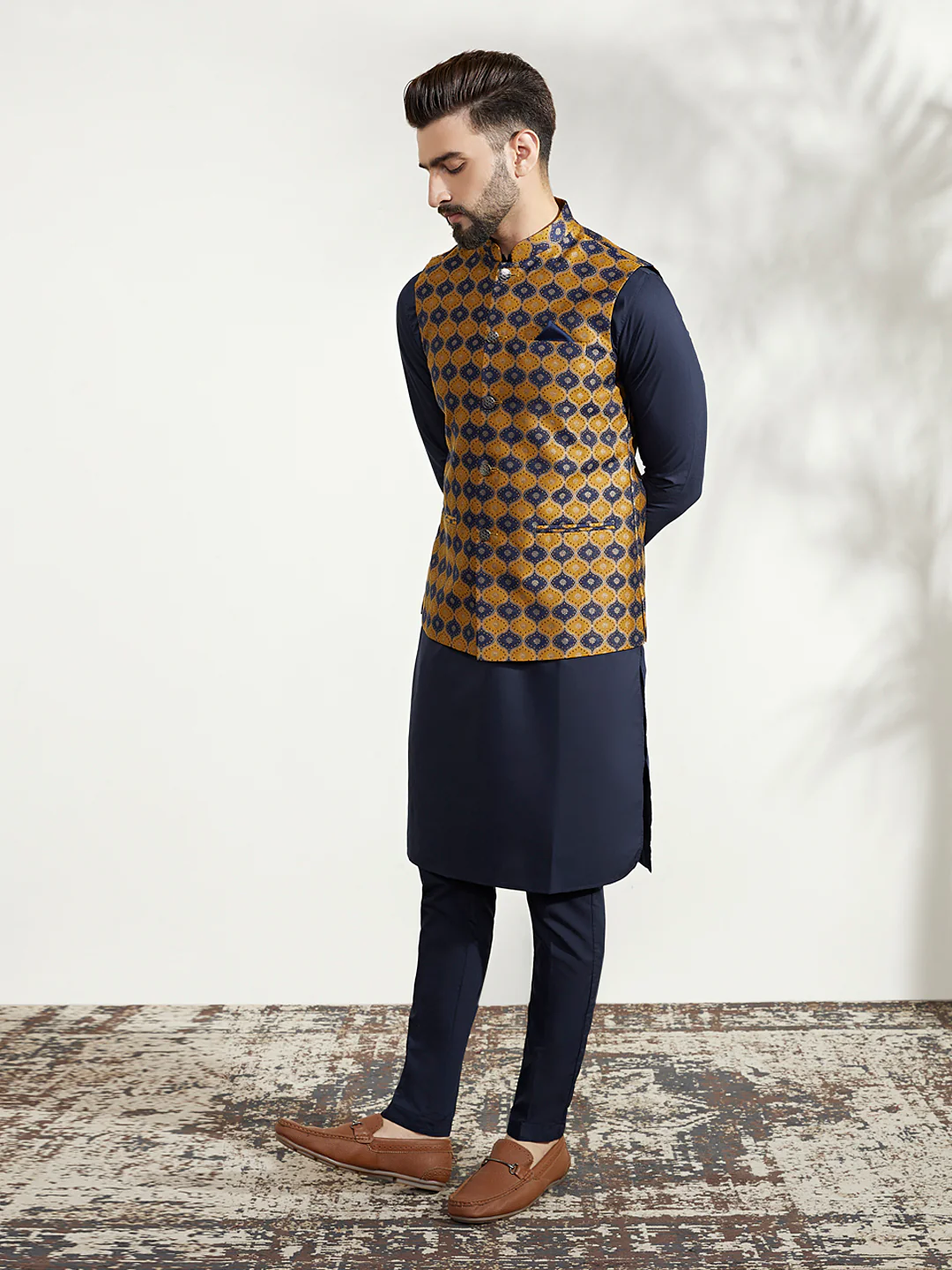 Mustard Jacquard Jacket Kurta Trouser Set - Image 3