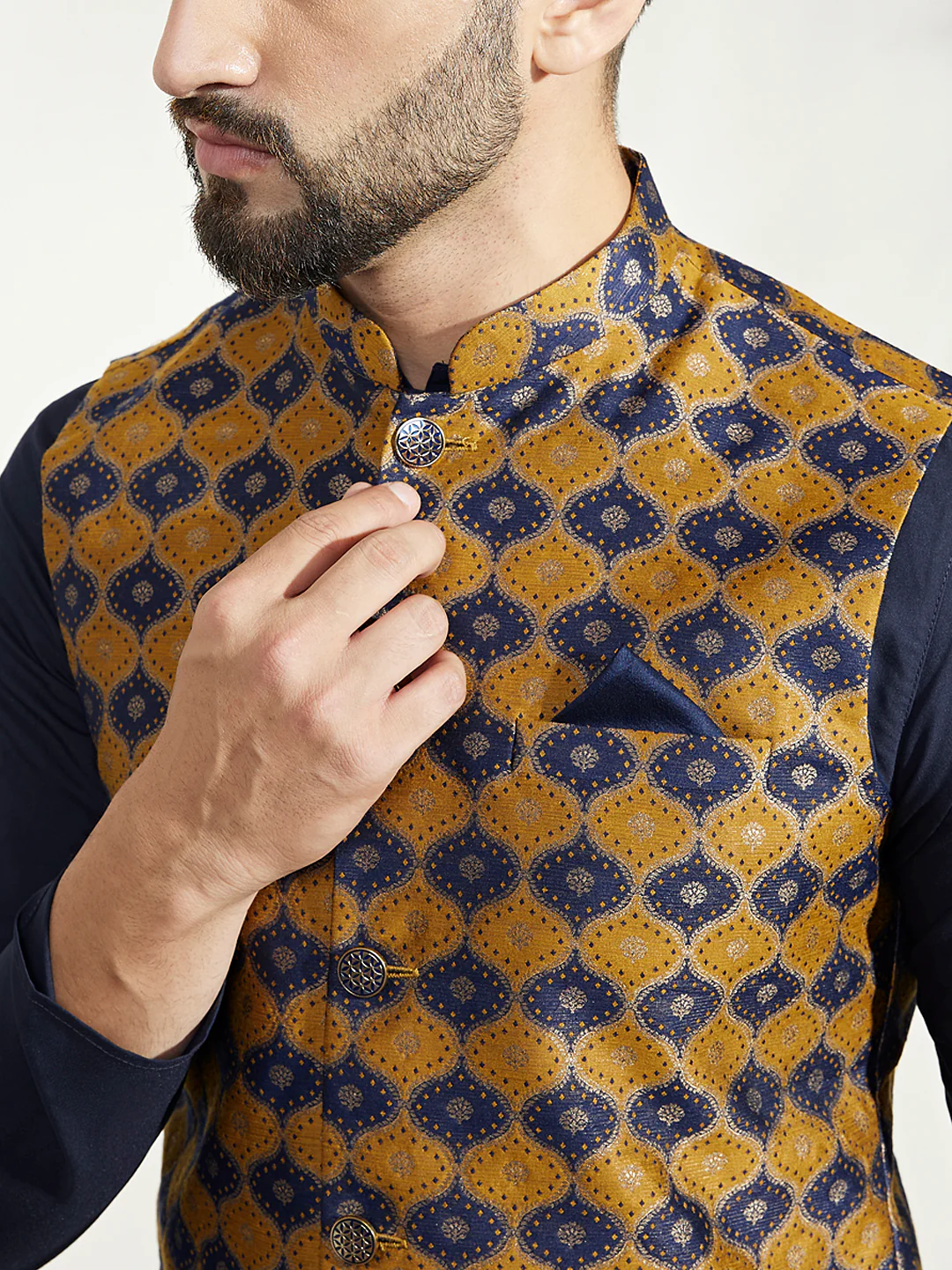 Mustard Jacquard Jacket Kurta Trouser Set - Image 6