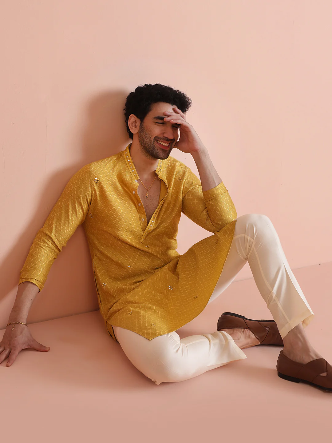 Golden Yellow Silk Mirror Work Kurta - Image 7
