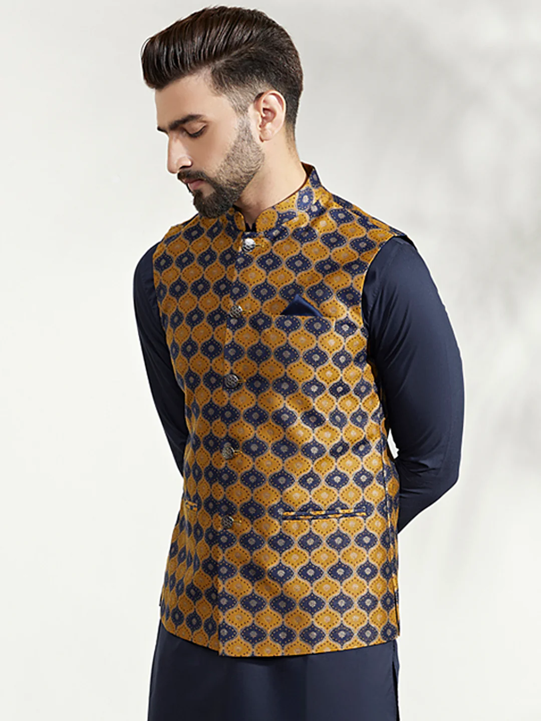 Mustard Navy Cotton Silk Textured Nehru Jacket - Image 3