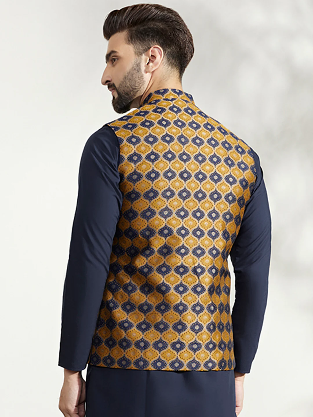 Mustard Navy Cotton Silk Textured Nehru Jacket - Image 4