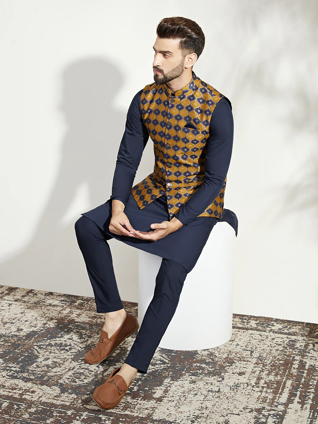 Mustard Navy Cotton Silk Textured Nehru Jacket - Image 6