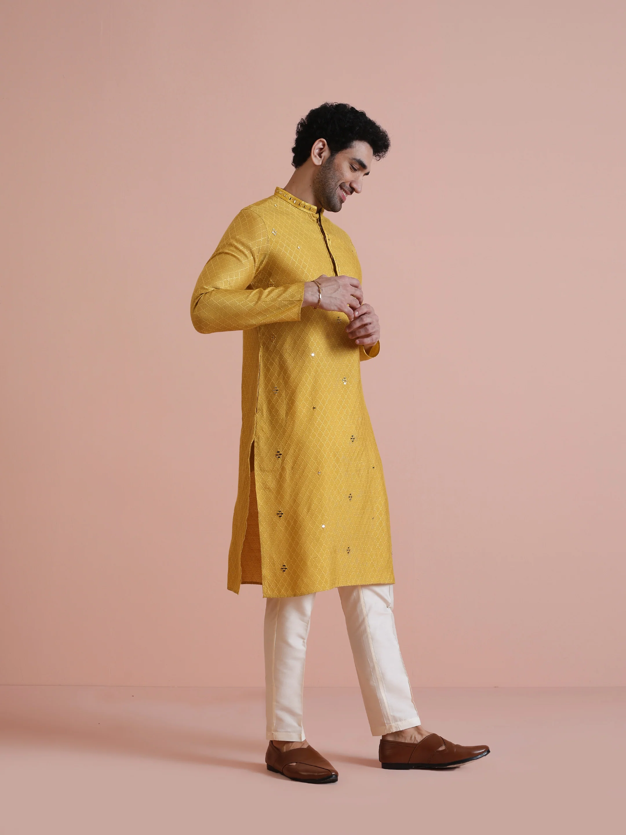 Men's Mustard Kurta Trouser Set - Image 3