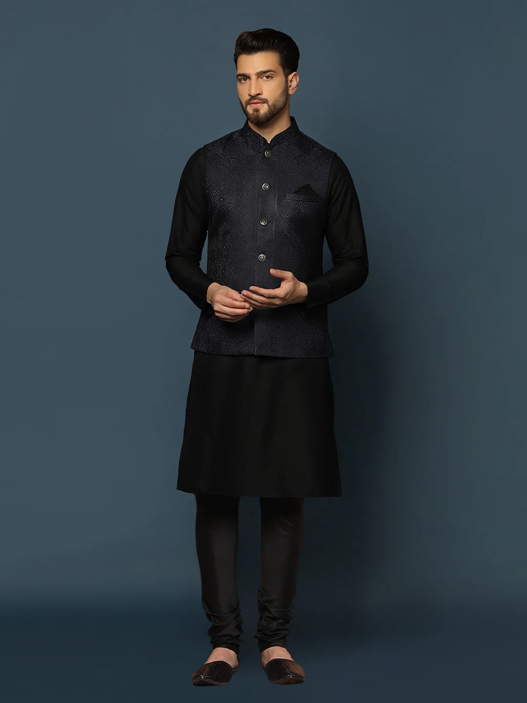 Black Silk Textured Nehru Jacket Kurta Churidar