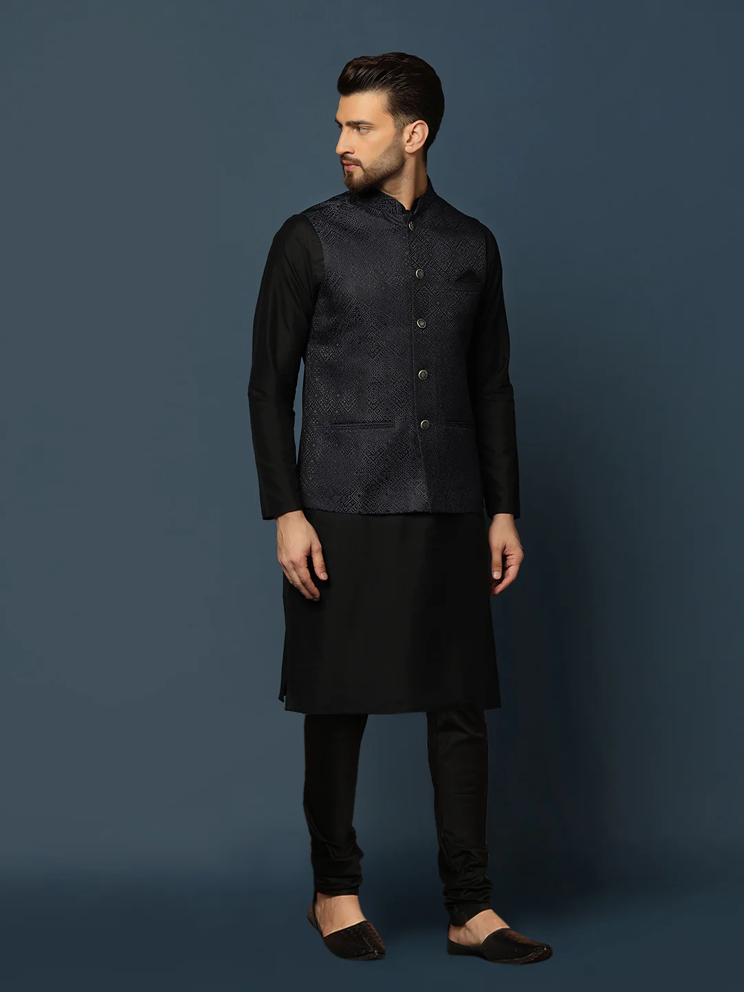 Black Silk Textured Nehru Jacket Kurta Churidar - Image 2